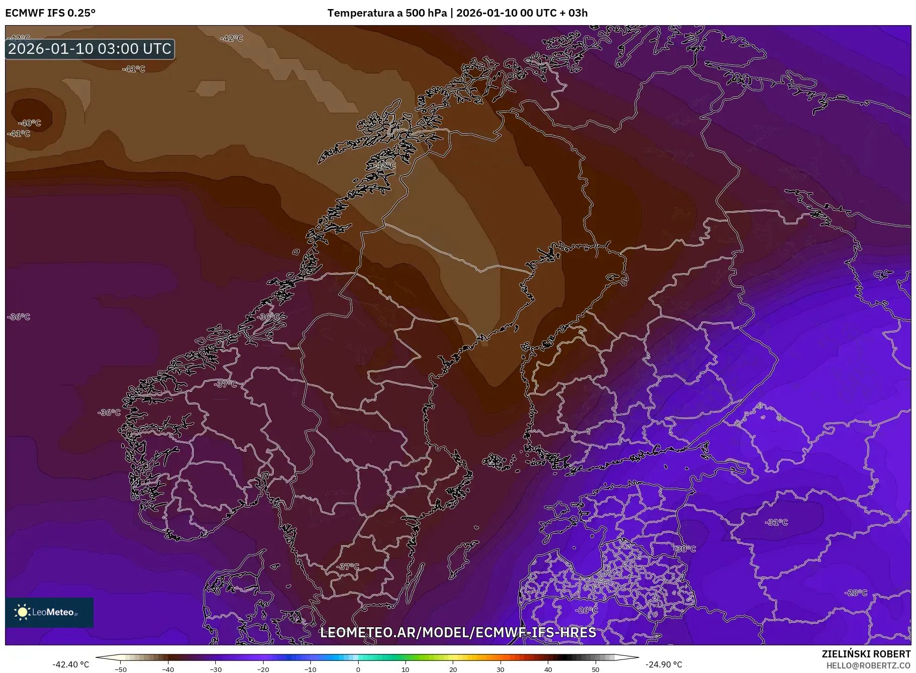 ECMWF IFS 0.25° model - Escandinavia, Temperatura a 500 hPa