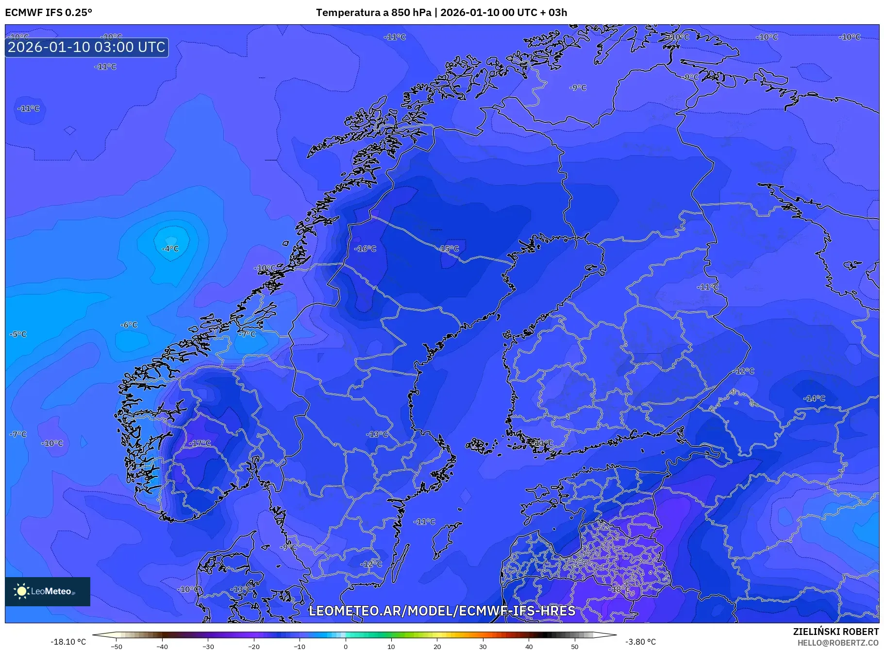 ECMWF IFS 0.25° model - Escandinavia, Temperatura a 850 hPa