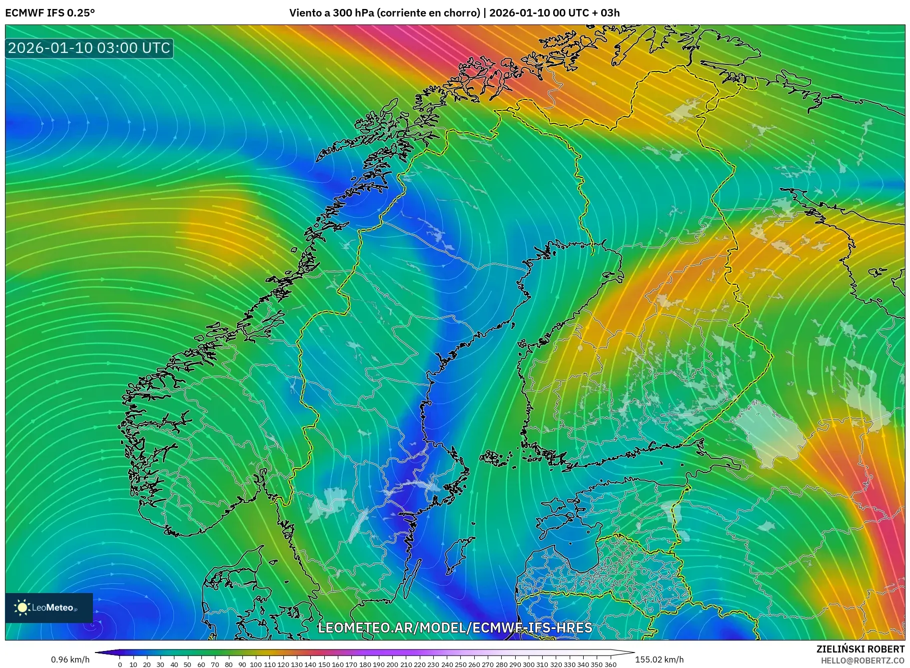 ECMWF IFS 0.25° model - Escandinavia, Viento a 300 hPa (corriente en chorro)