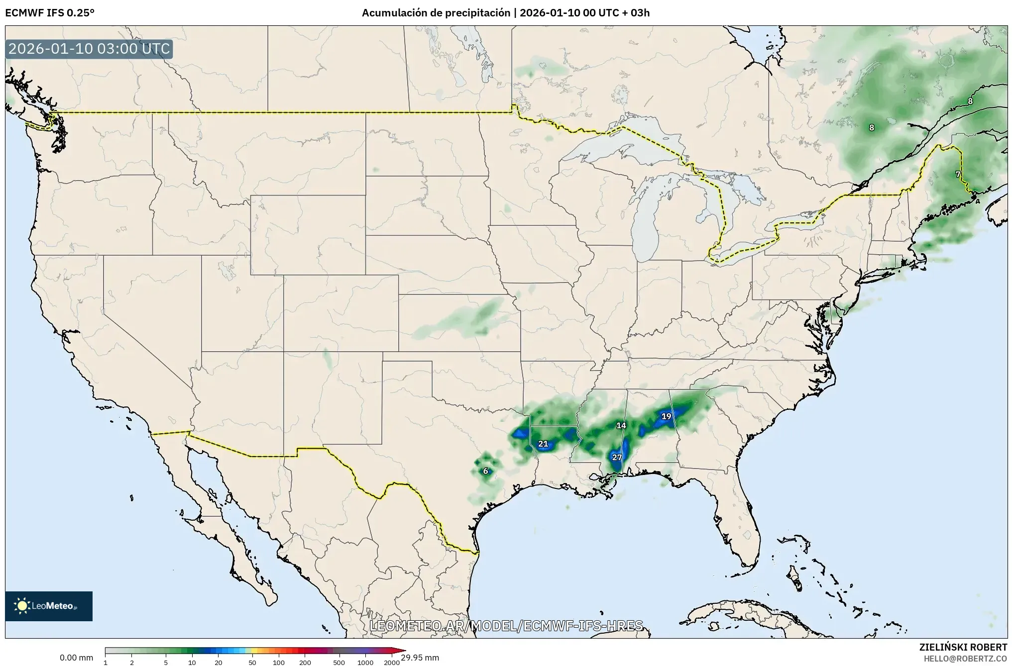 ECMWF IFS 0.25° model - Estados Unidos, Acumulación de precipitación