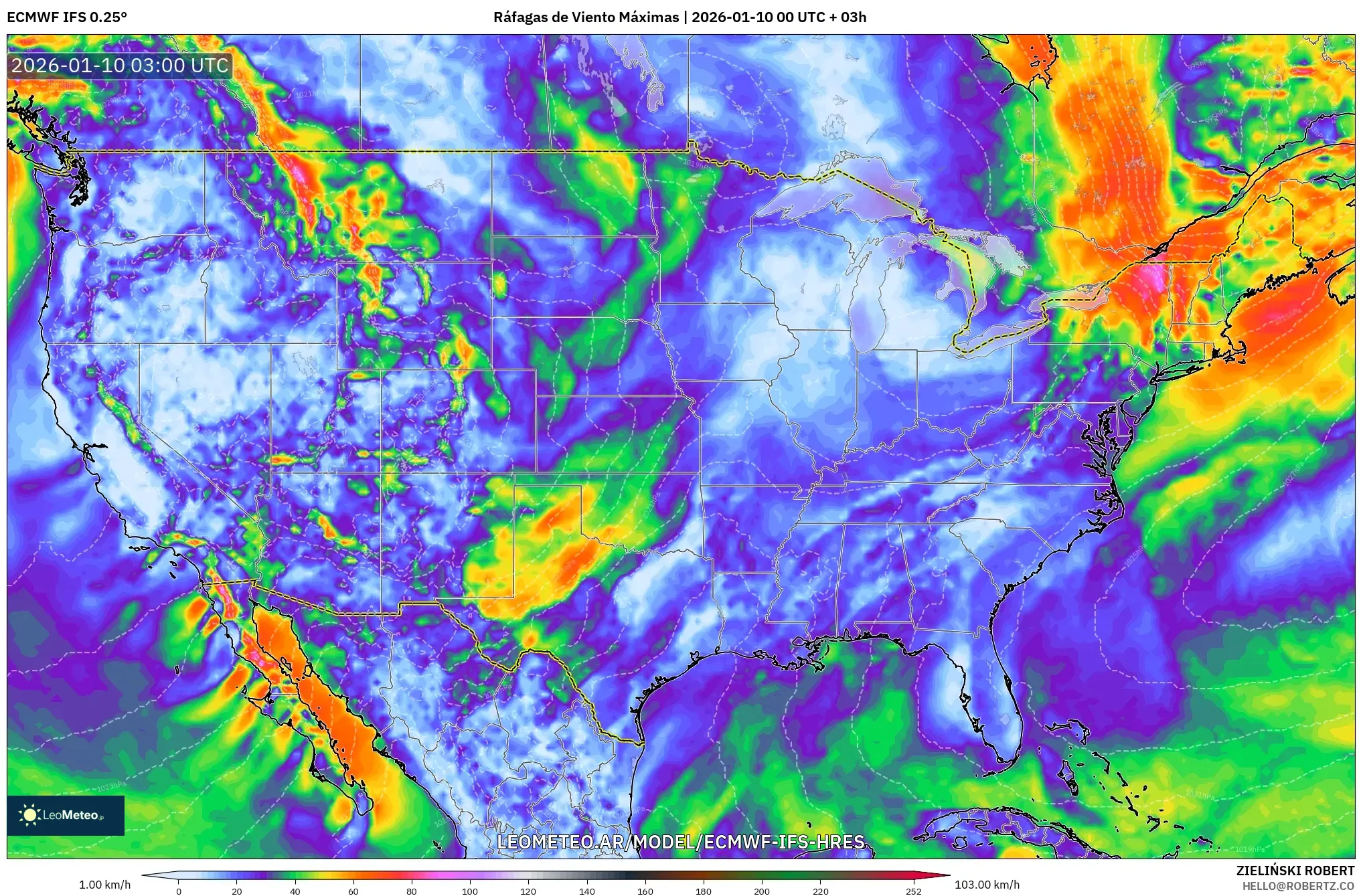 ECMWF IFS 0.25° model - Estados Unidos, Ráfagas de Viento Máximas