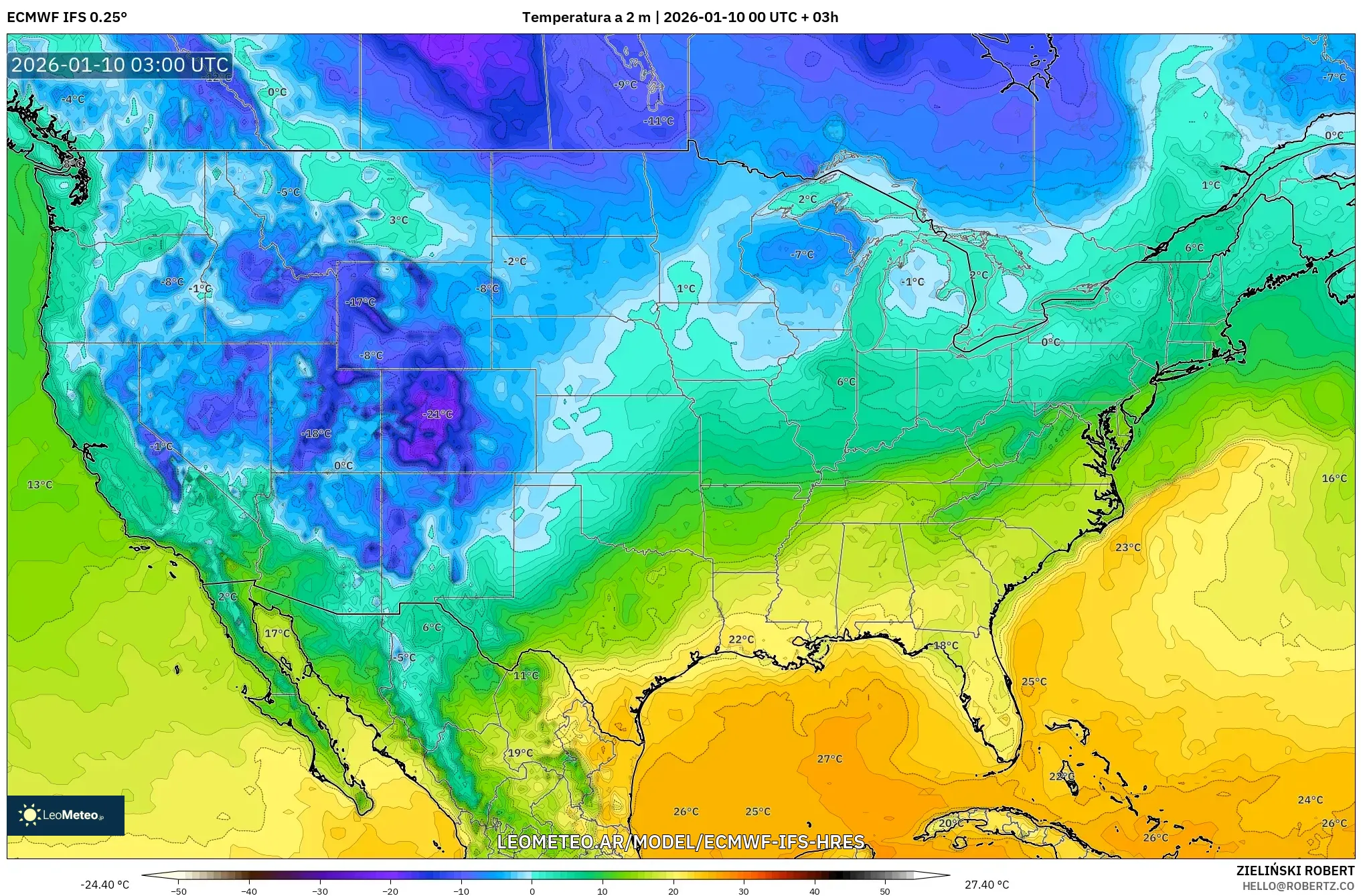 ECMWF IFS 0.25° model - Estados Unidos, Temperatura a 2 m