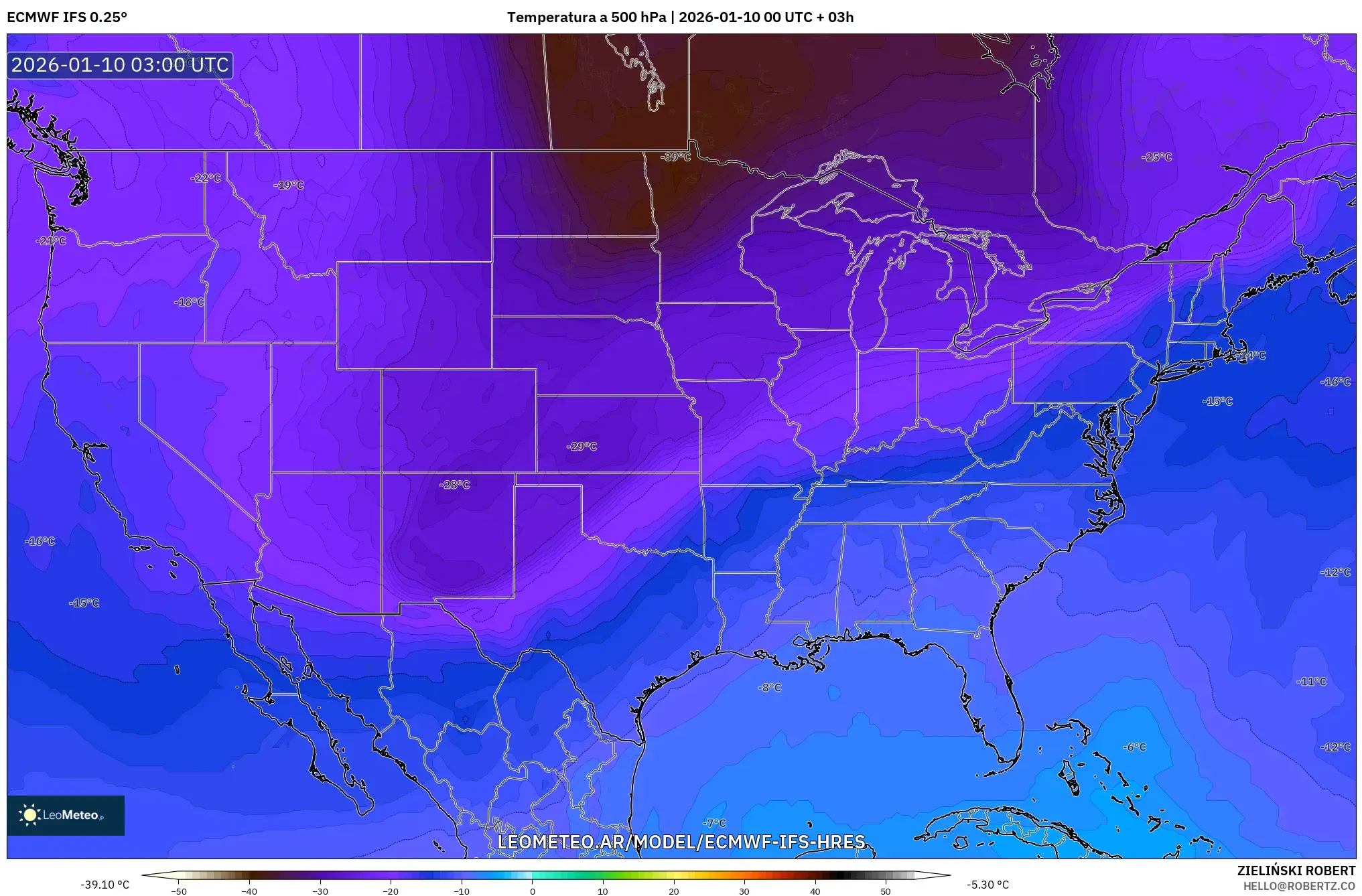 ECMWF IFS 0.25° model - Estados Unidos, Temperatura a 500 hPa