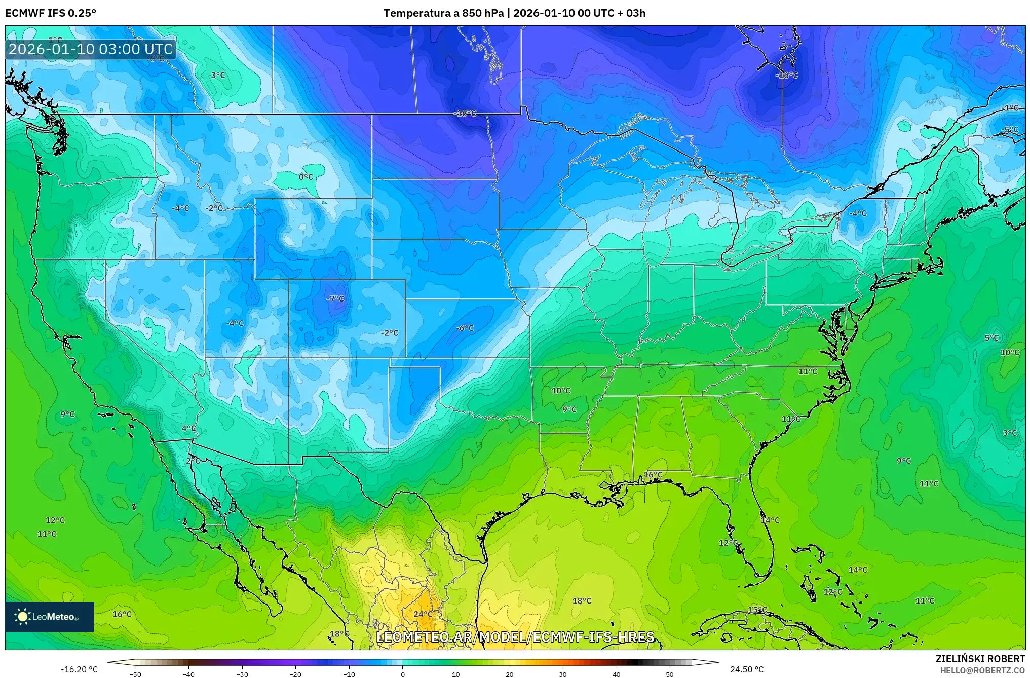 ECMWF IFS 0.25° model - Estados Unidos, Temperatura a 850 hPa