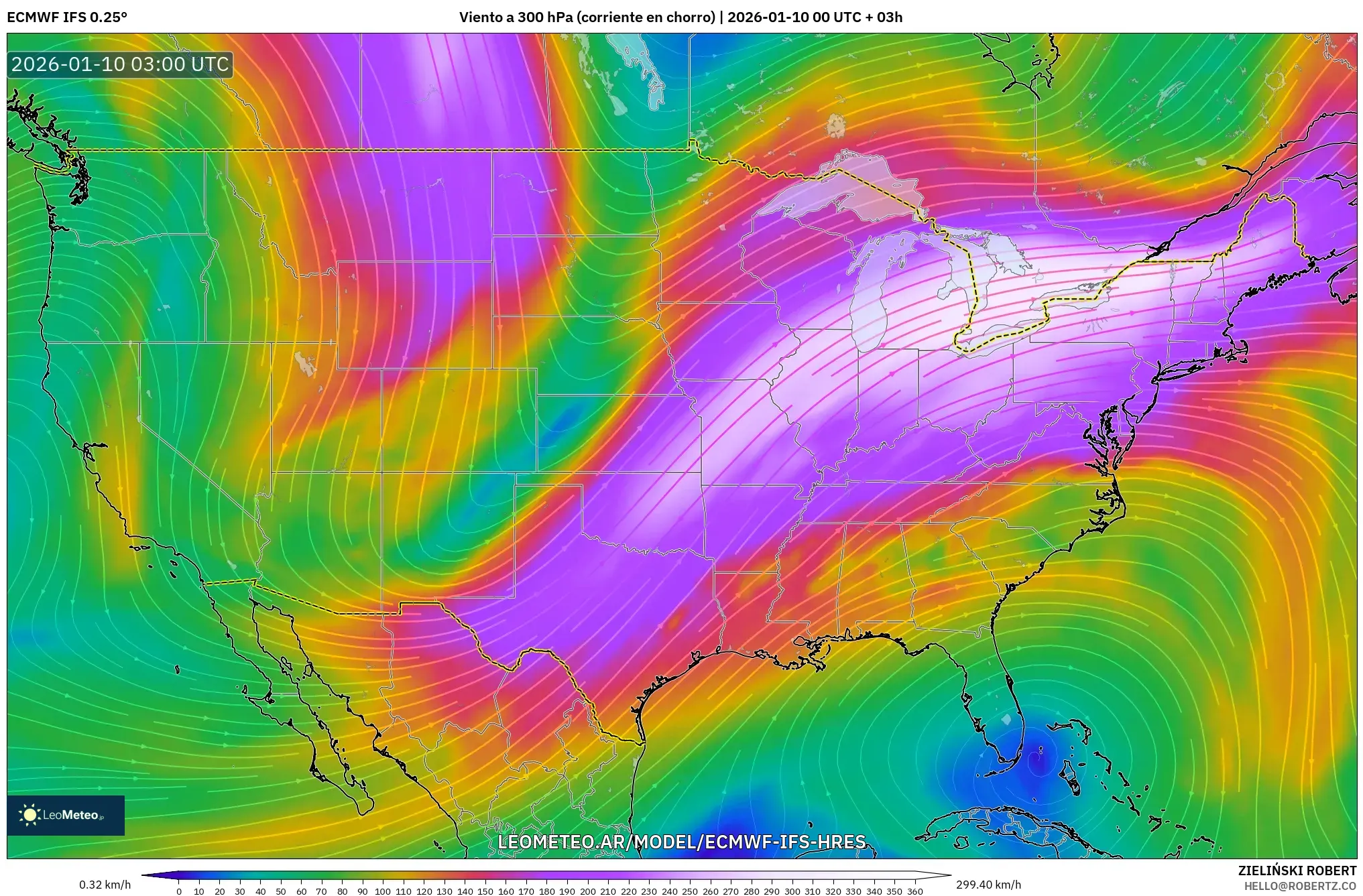 ECMWF IFS 0.25° model - Estados Unidos, Viento a 300 hPa (corriente en chorro)