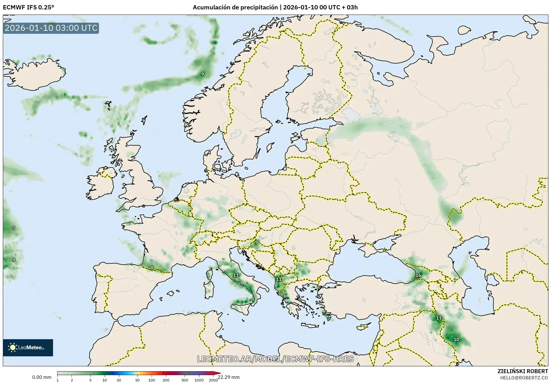 ECMWF IFS 0.25° model - Europa, Acumulación de precipitación