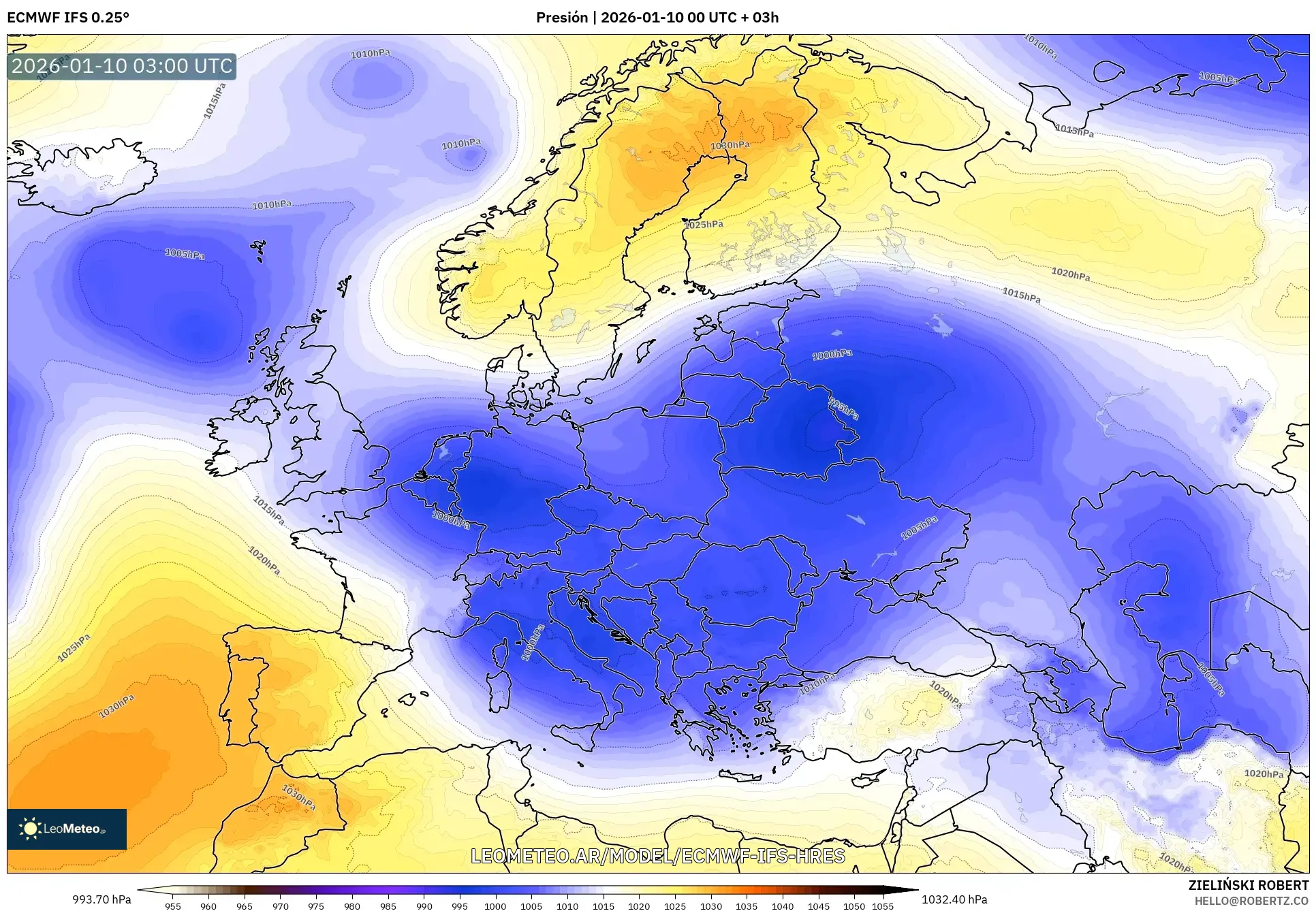 ECMWF IFS 0.25° model - Europa, Presión