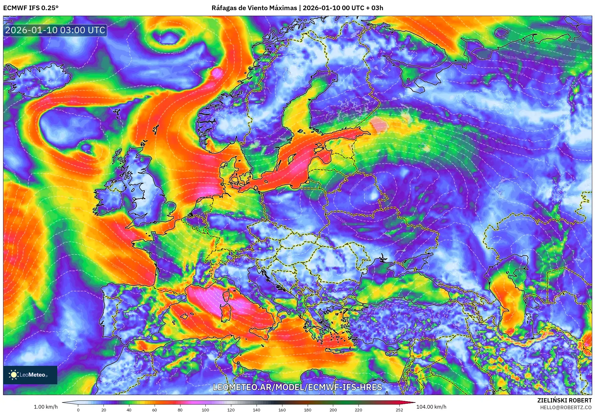 ECMWF IFS 0.25° model - Europa, Ráfagas de Viento Máximas