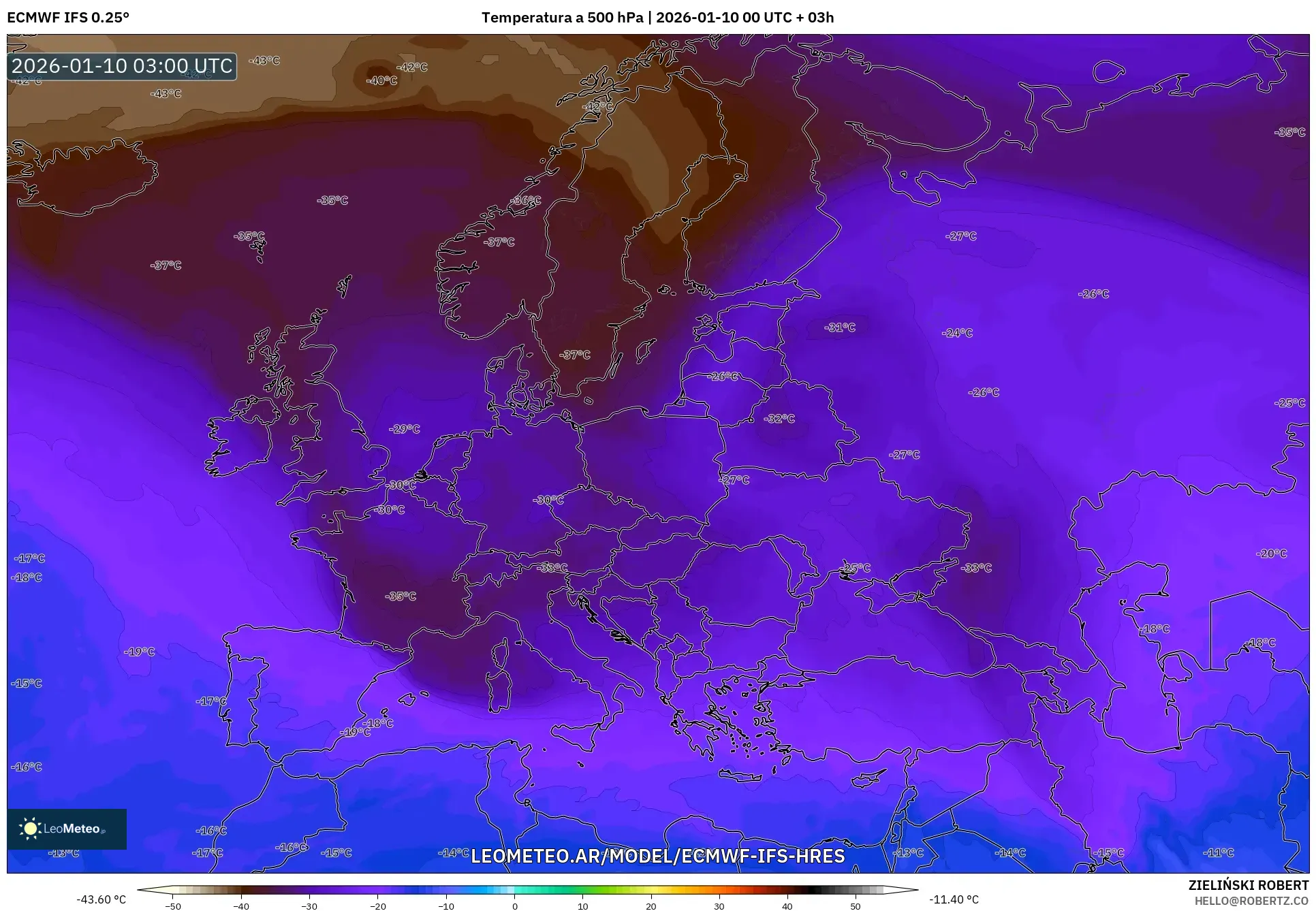 ECMWF IFS 0.25° model - Europa, Temperatura a 500 hPa