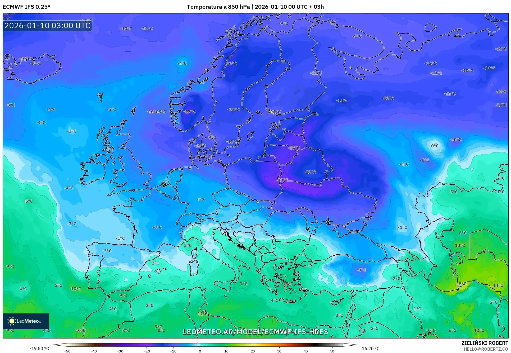 ECMWF IFS 0.25° model - Europa, Temperatura a 850 hPa