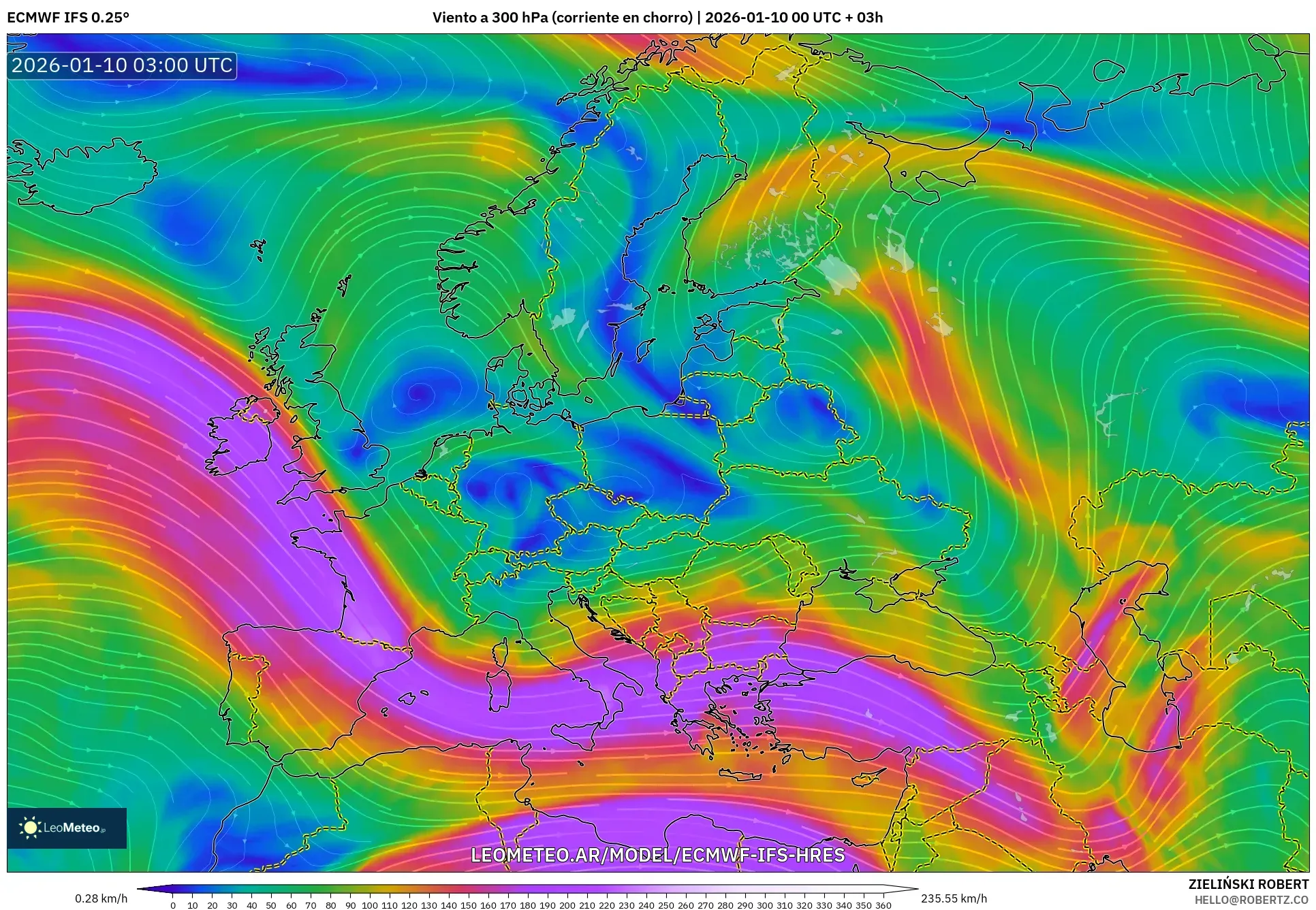 ECMWF IFS 0.25° model - Europa, Viento a 300 hPa (corriente en chorro)