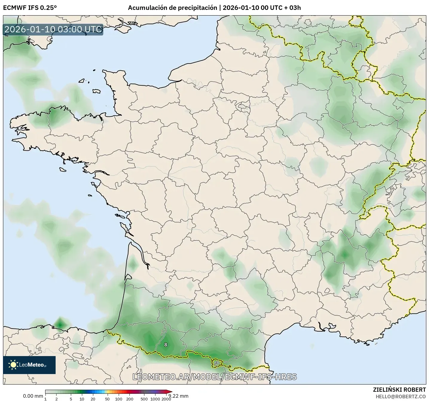 ECMWF IFS 0.25° model - Francia, Acumulación de precipitación