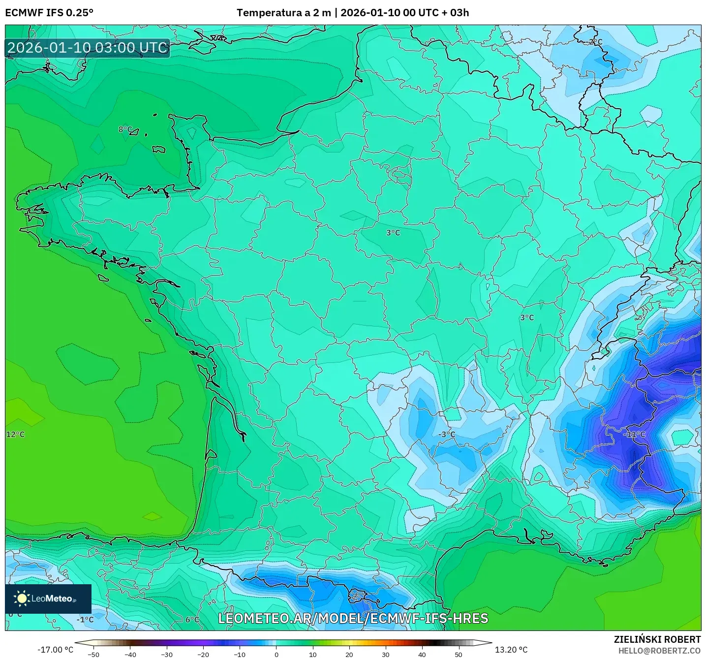 ECMWF IFS 0.25° model - Francia, Temperatura a 2 m