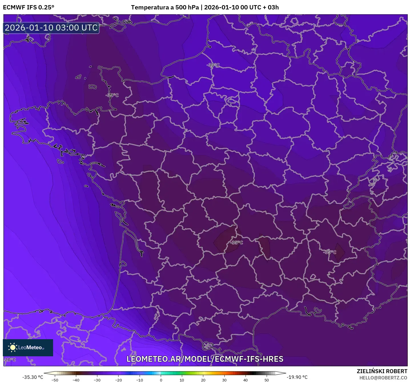 ECMWF IFS 0.25° model - Francia, Temperatura a 500 hPa