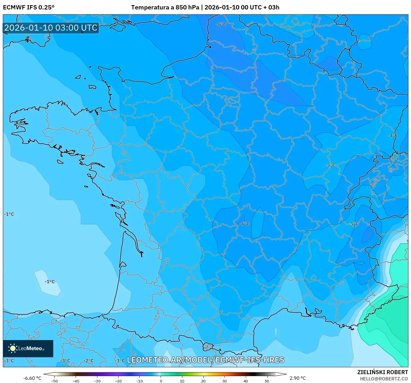 ECMWF IFS 0.25° model - Francia, Temperatura a 850 hPa