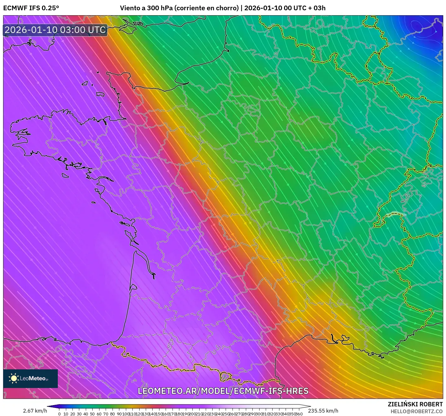 ECMWF IFS 0.25° model - Francia, Viento a 300 hPa (corriente en chorro)
