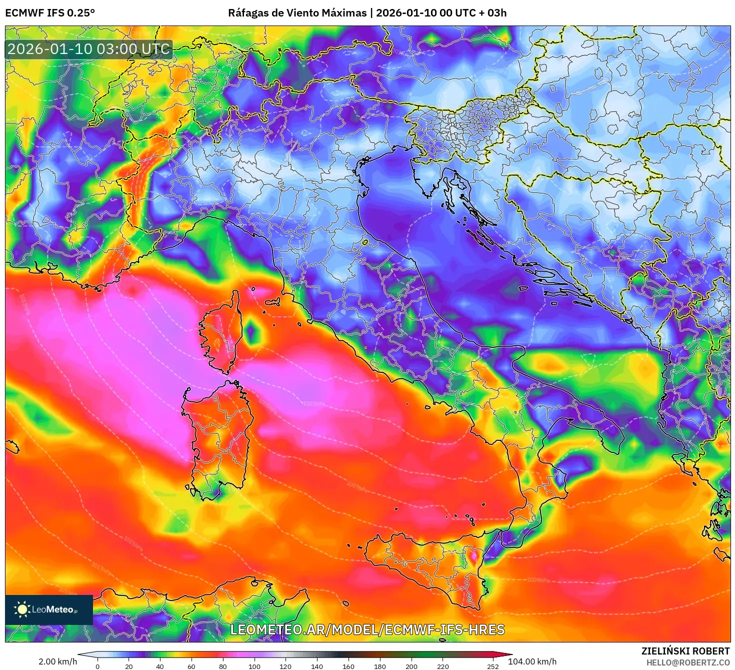ECMWF IFS 0.25° model - Italia, Ráfagas de Viento Máximas