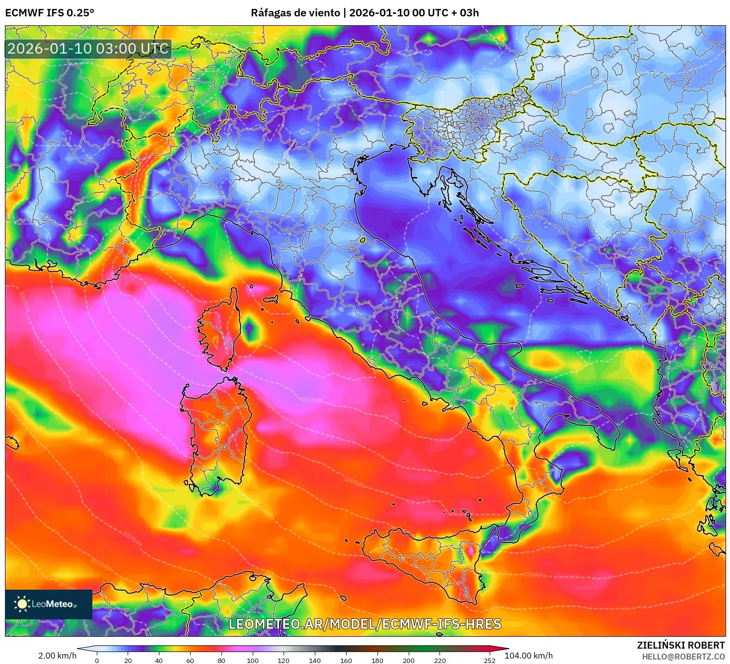 ECMWF IFS 0.25° model - Italia, Ráfagas de viento