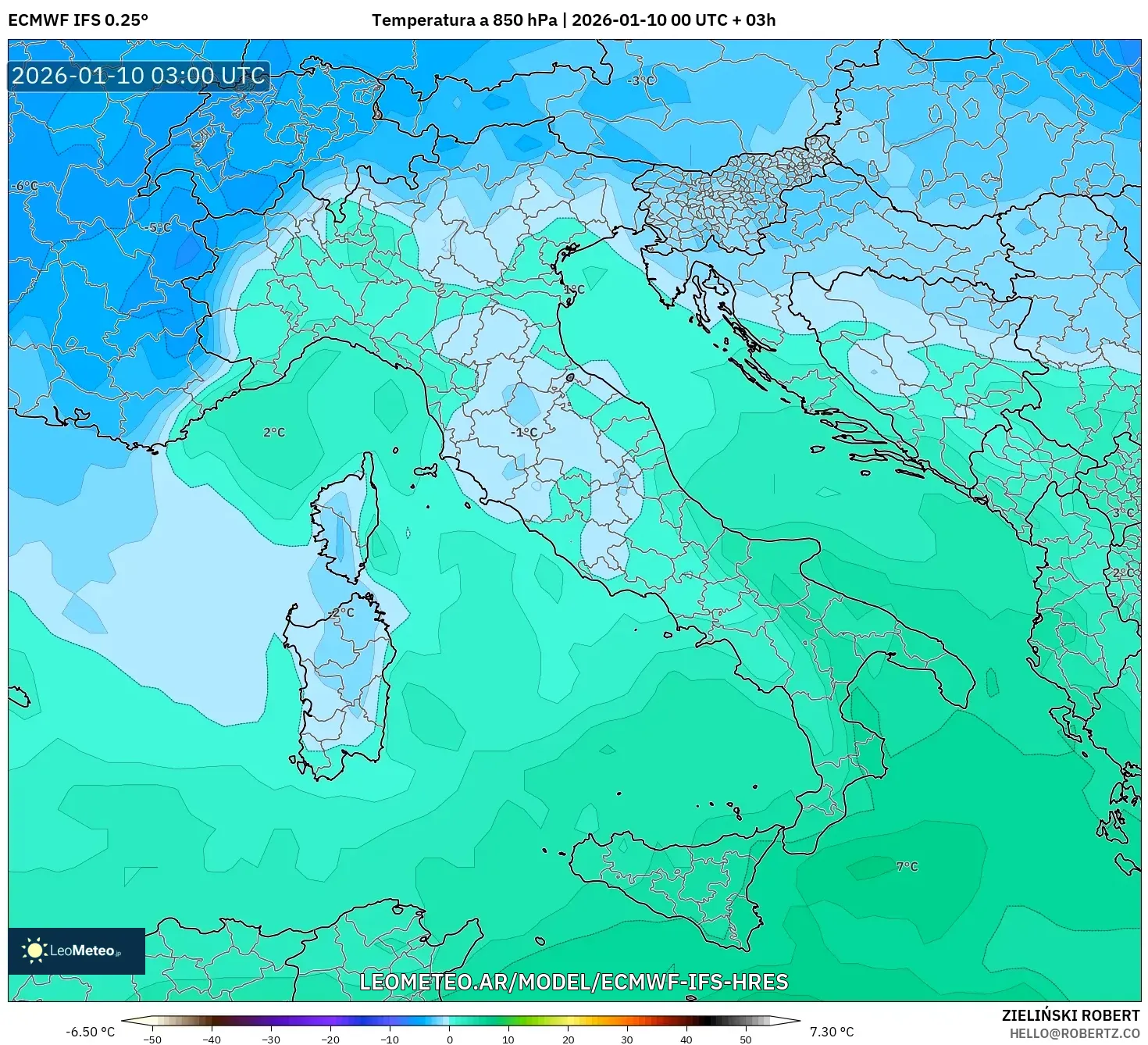 ECMWF IFS 0.25° model - Italia, Temperatura a 850 hPa