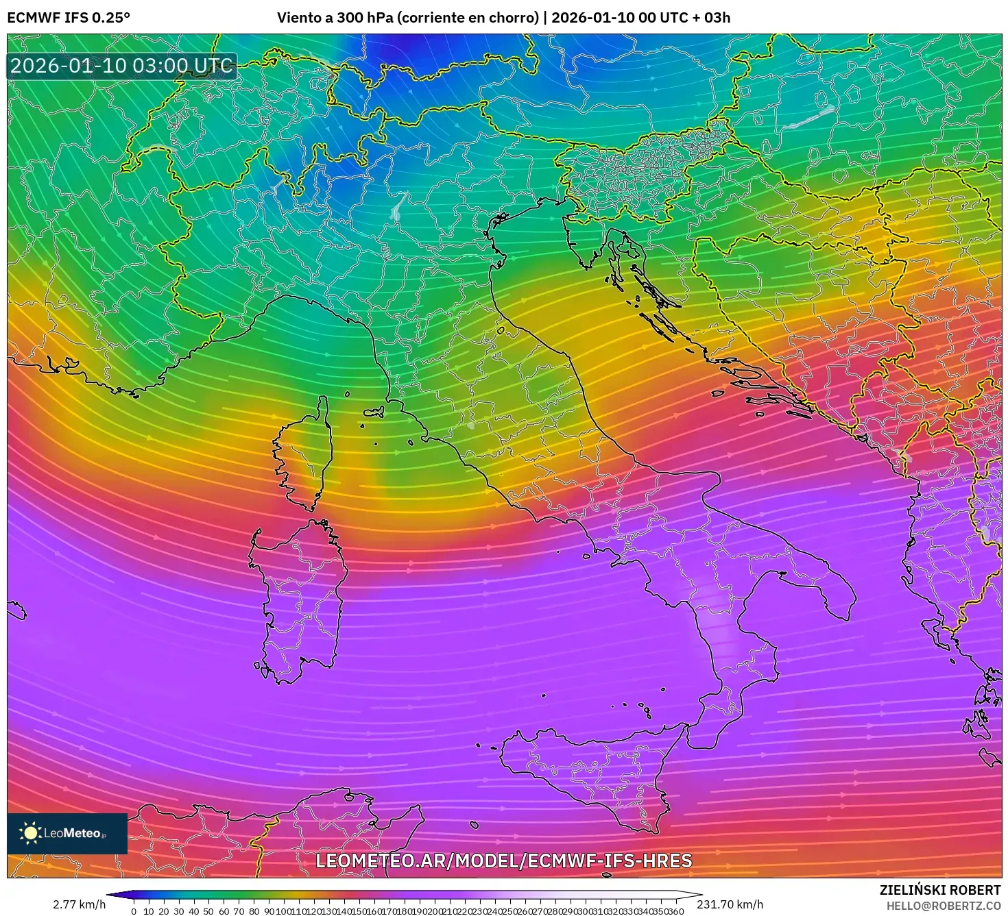 ECMWF IFS 0.25° model - Italia, Viento a 300 hPa (corriente en chorro)