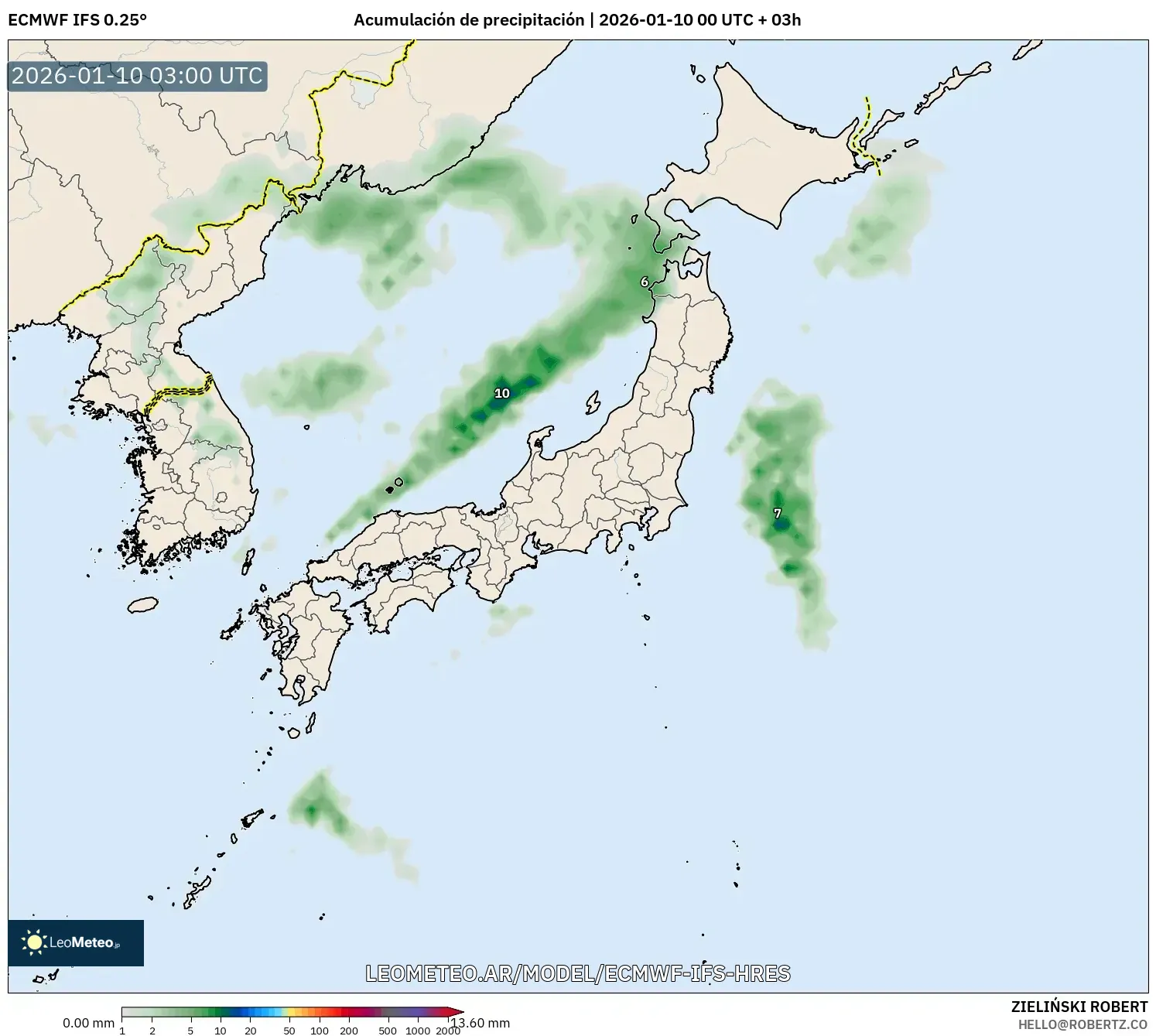 ECMWF IFS 0.25° model - Japón, Acumulación de precipitación