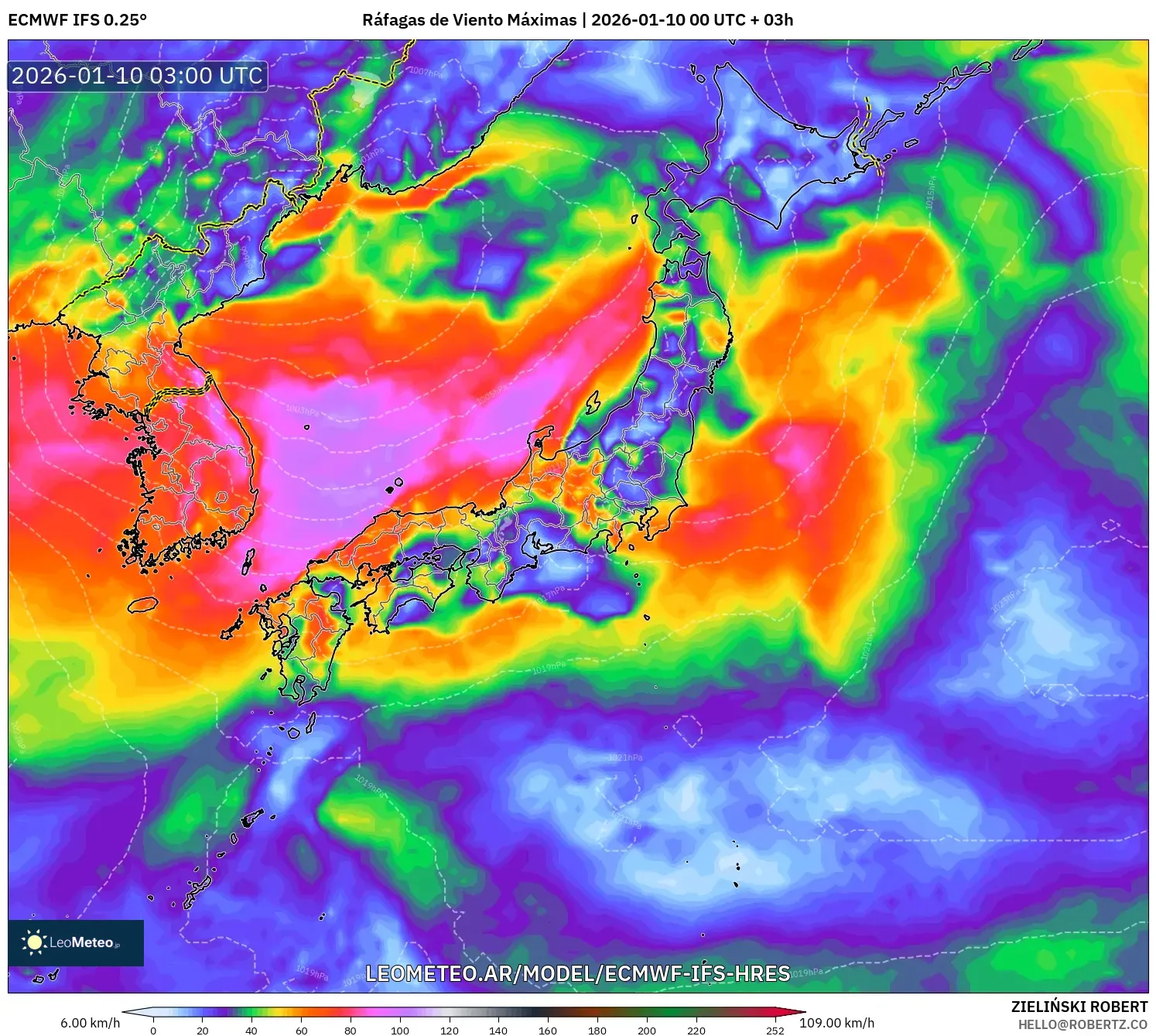ECMWF IFS 0.25° model - Japón, Ráfagas de Viento Máximas
