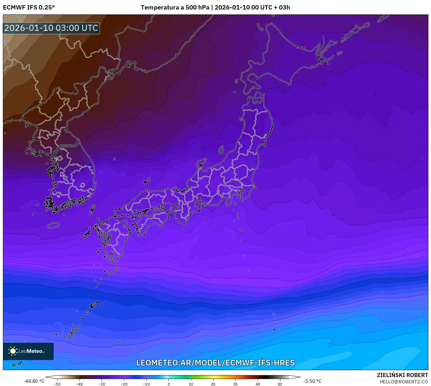 ECMWF IFS 0.25° model - Japón, Temperatura a 500 hPa