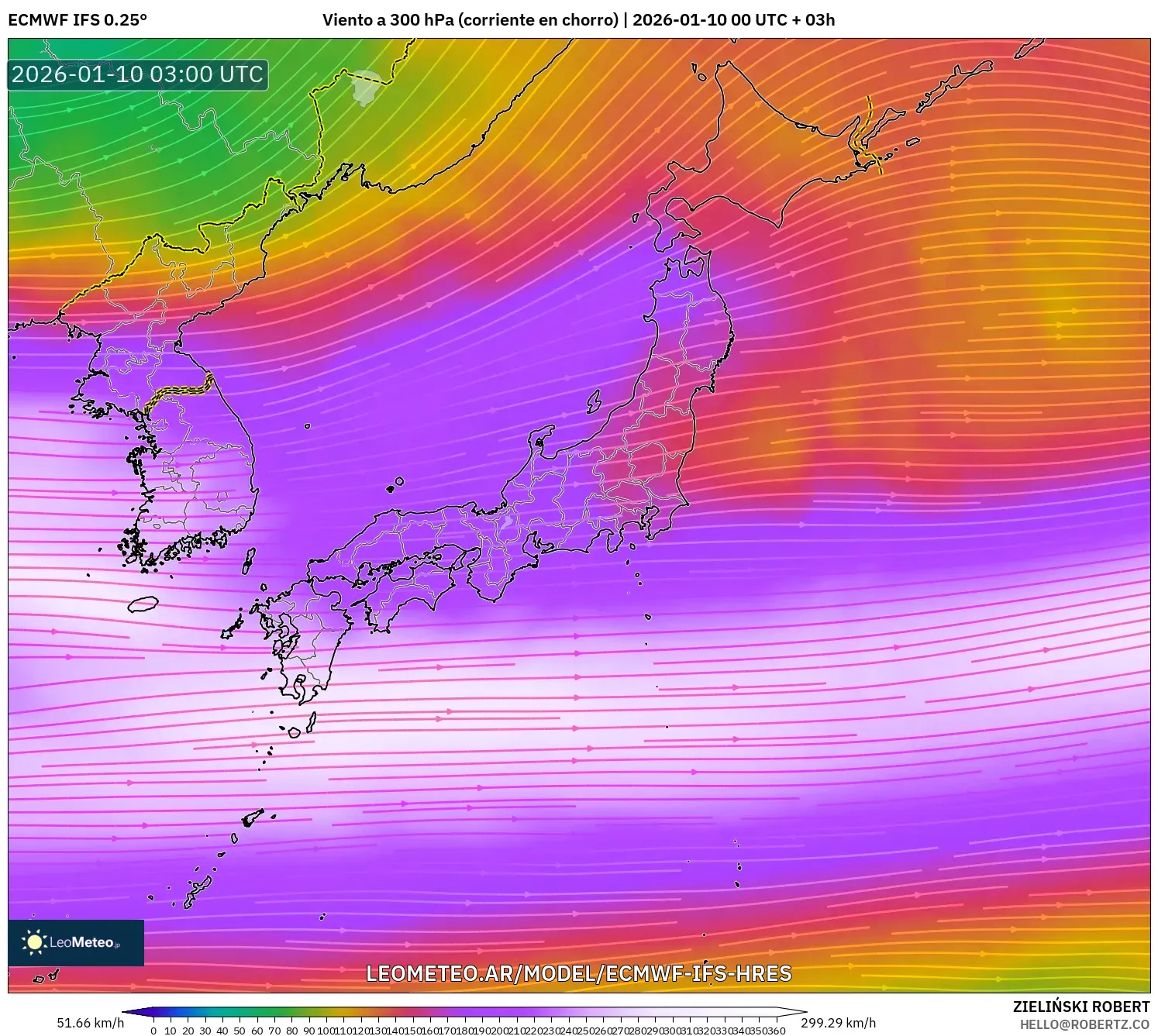 ECMWF IFS 0.25° model - Japón, Viento a 300 hPa (corriente en chorro)