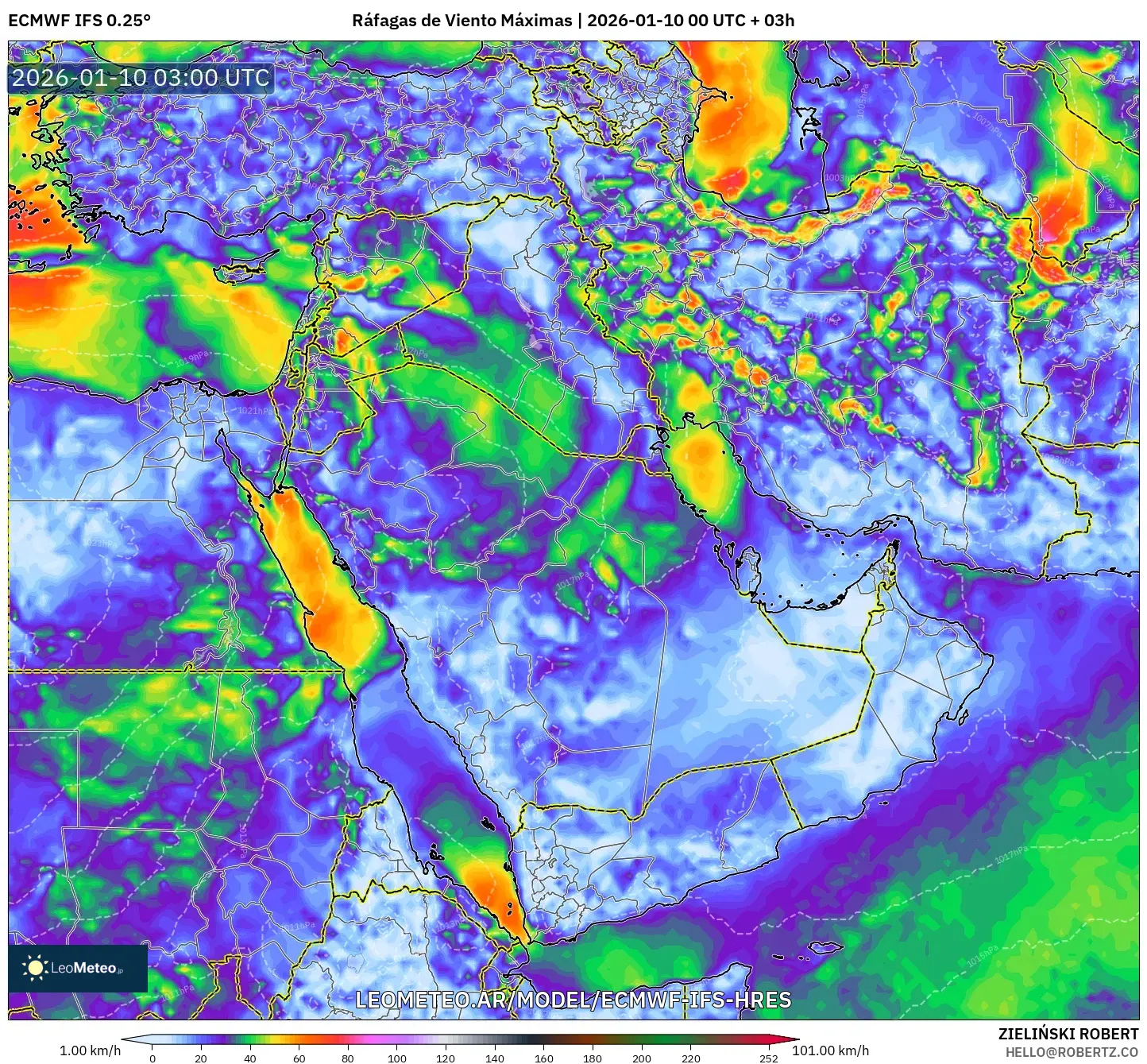 ECMWF IFS 0.25° model - Oriente Medio, Ráfagas de Viento Máximas