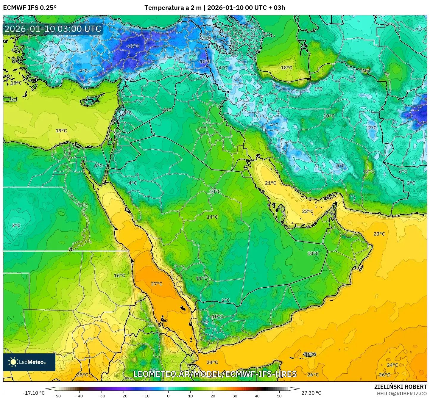 ECMWF IFS 0.25° model - Oriente Medio, Temperatura a 2 m