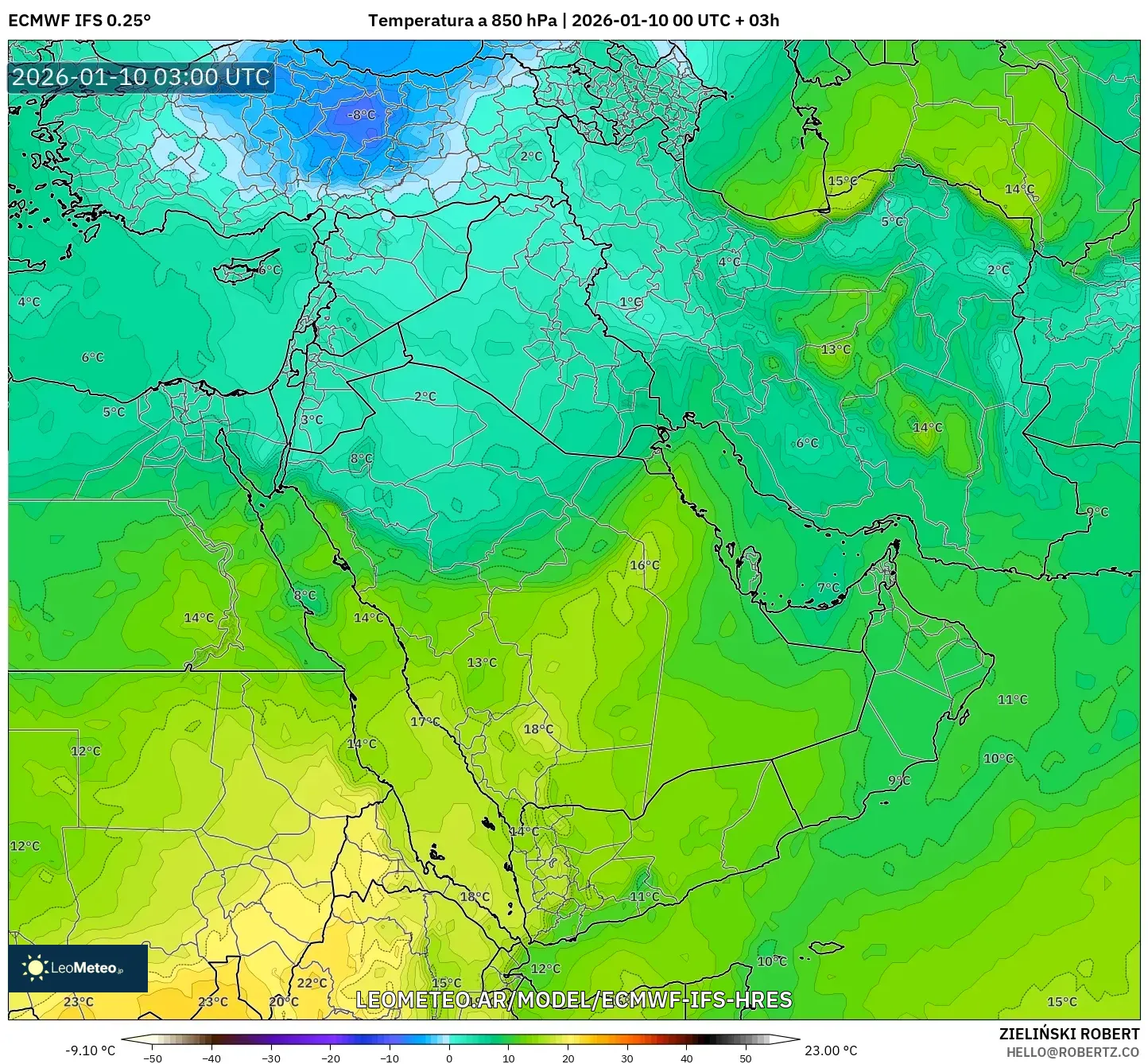 ECMWF IFS 0.25° model - Oriente Medio, Temperatura a 850 hPa