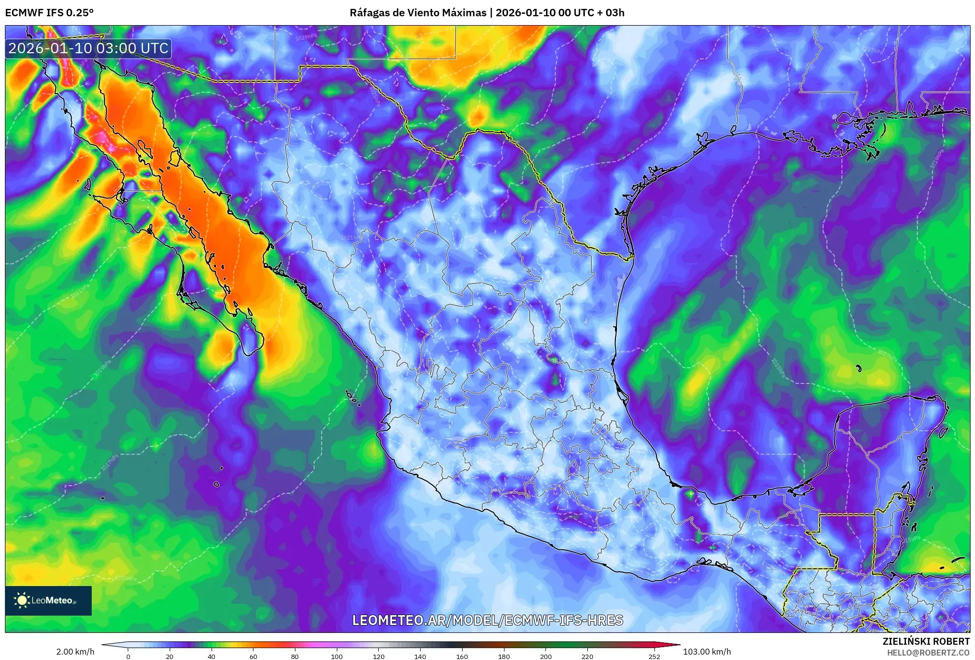 ECMWF IFS 0.25° model - México, Ráfagas de Viento Máximas