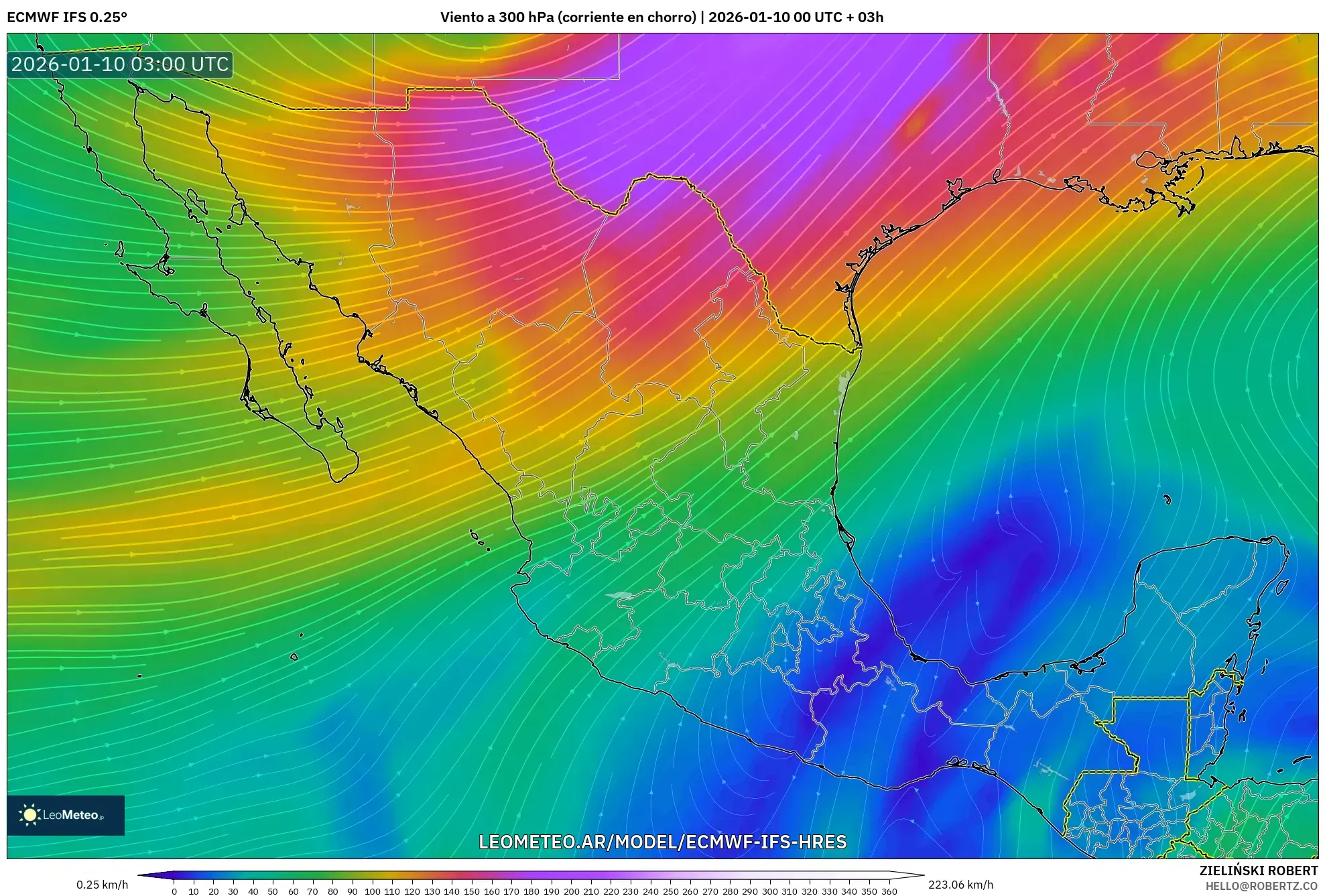ECMWF IFS 0.25° model - México, Viento a 300 hPa (corriente en chorro)