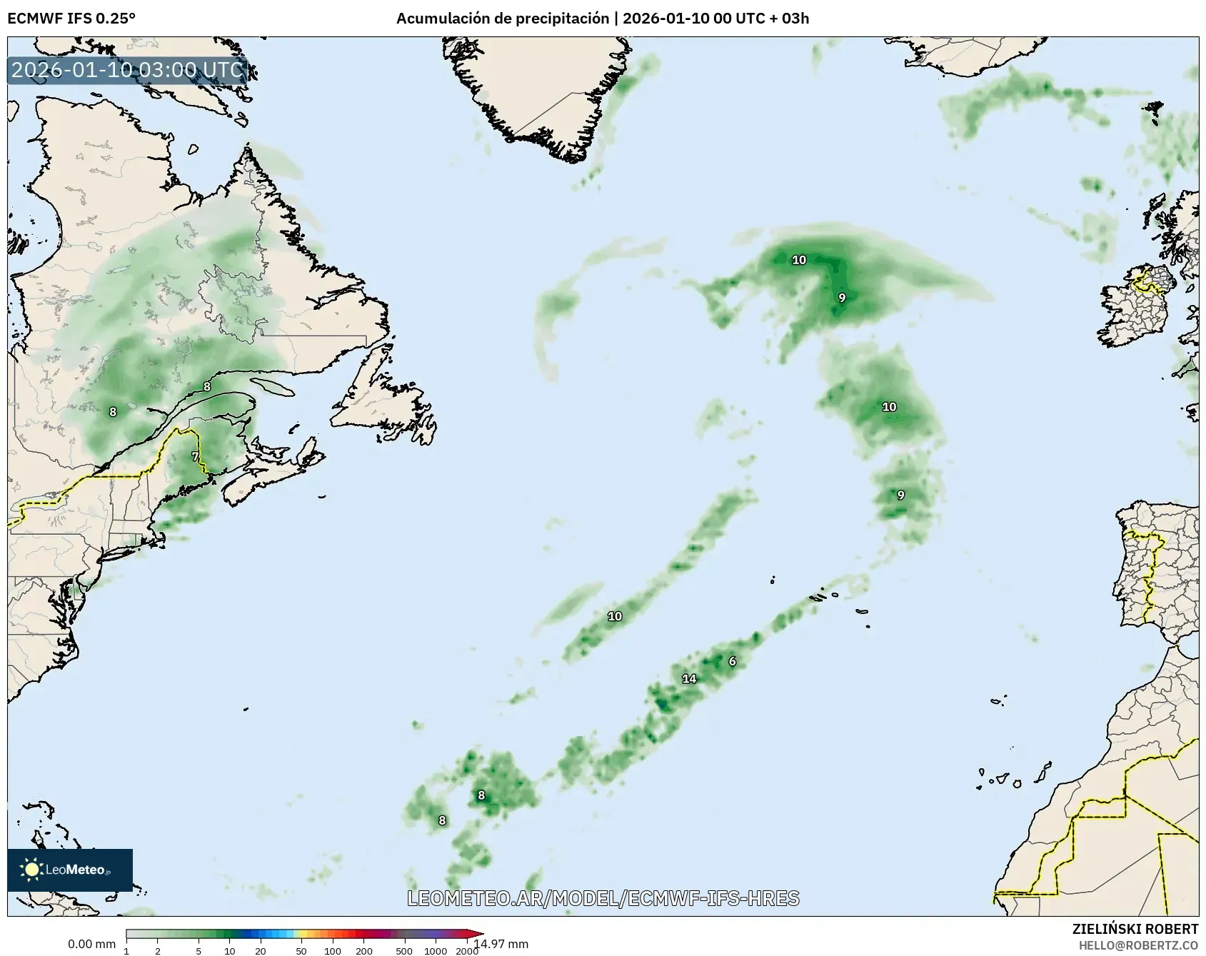 ECMWF IFS 0.25° model - Norte Atlántico, Acumulación de precipitación