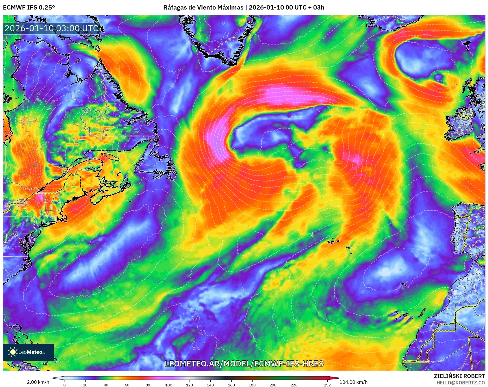 ECMWF IFS 0.25° model - Norte Atlántico, Ráfagas de Viento Máximas
