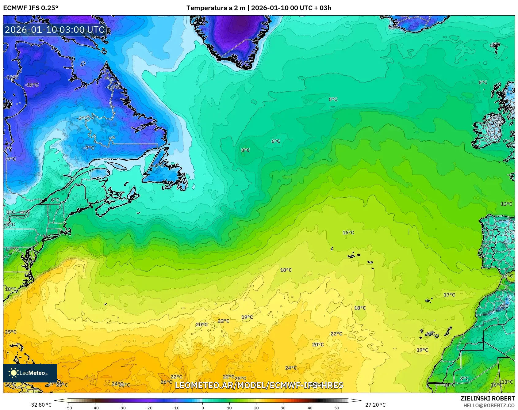 ECMWF IFS 0.25° model - Norte Atlántico, Temperatura a 2 m