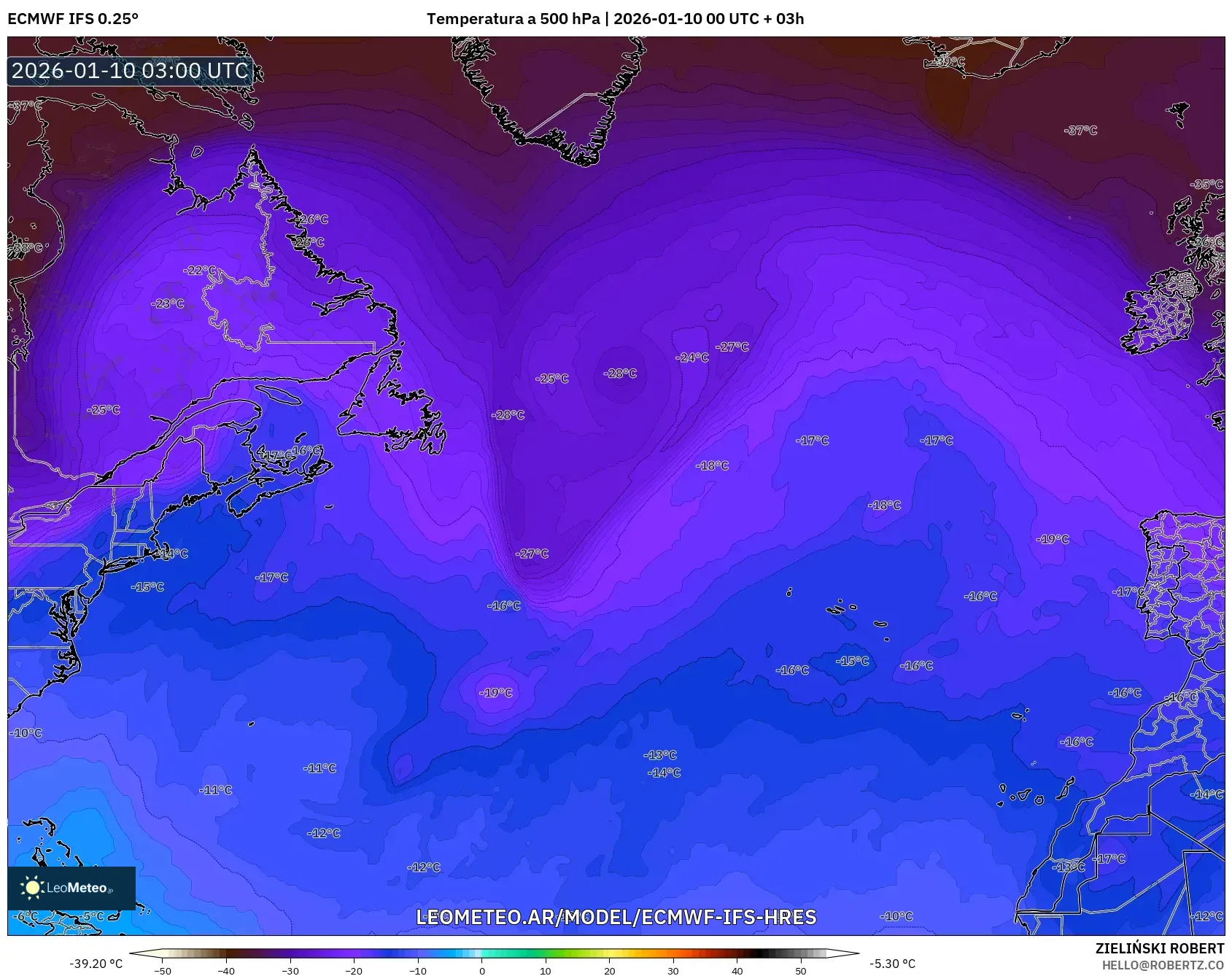 ECMWF IFS 0.25° model - Norte Atlántico, Temperatura a 500 hPa