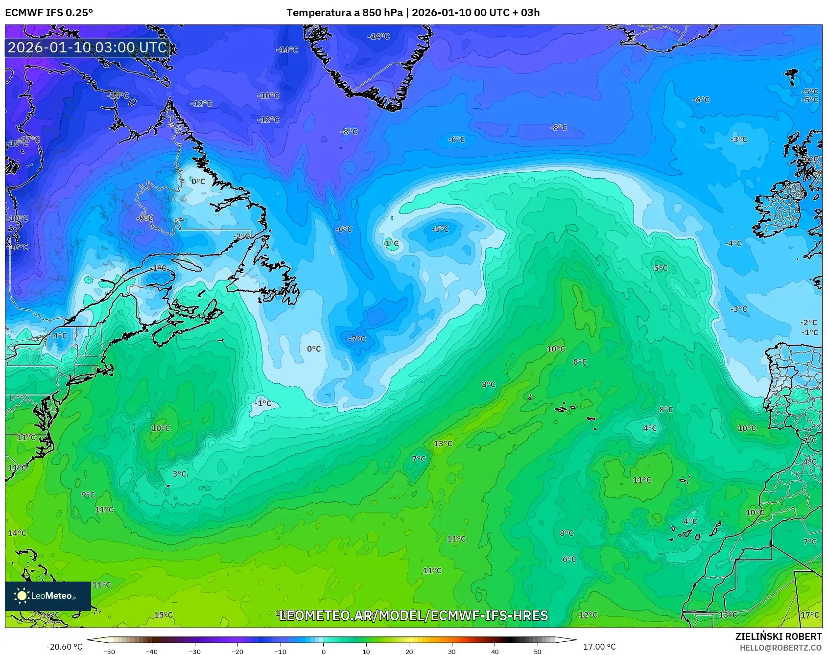 ECMWF IFS 0.25° model - Norte Atlántico, Temperatura a 850 hPa
