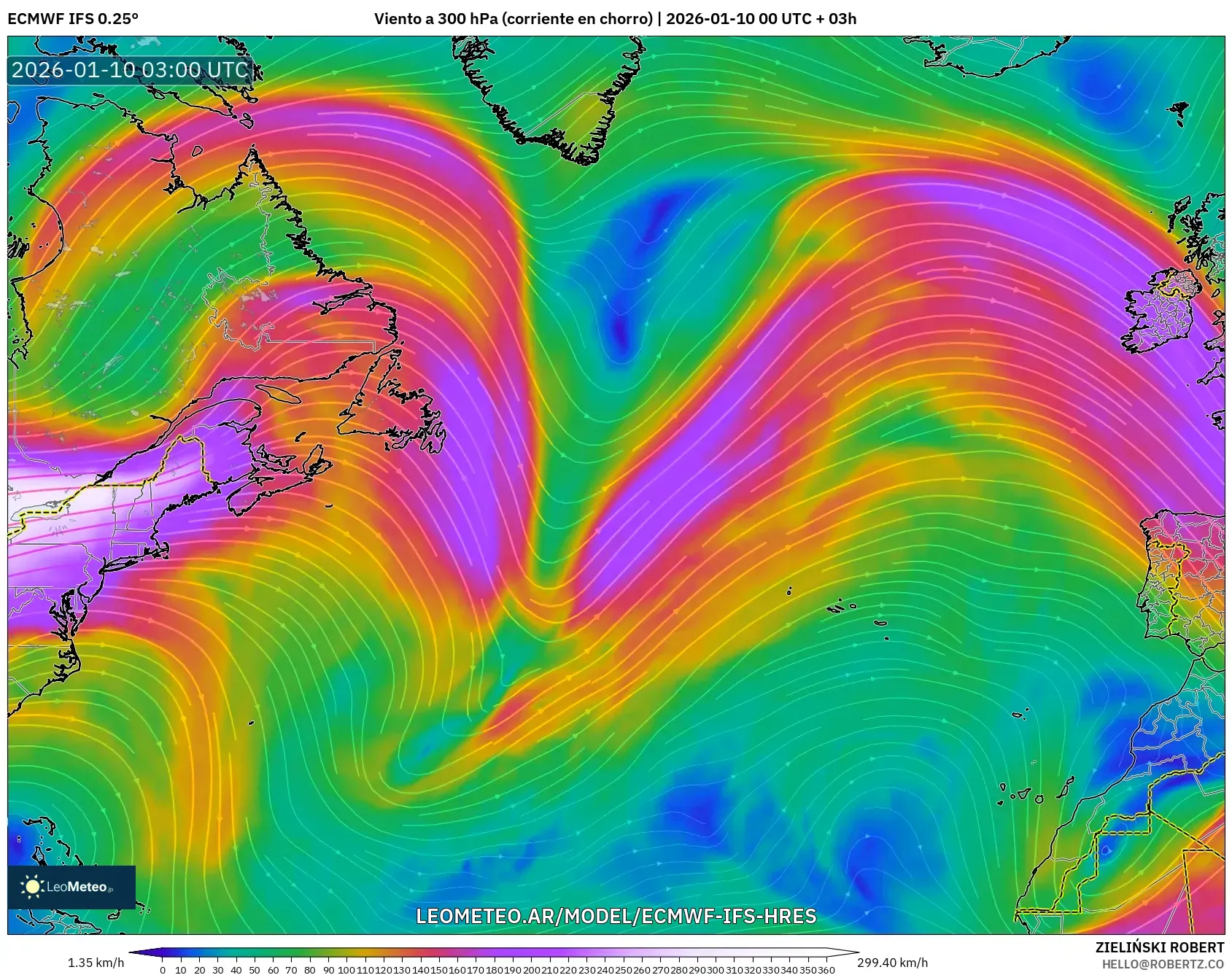ECMWF IFS 0.25° model - Norte Atlántico, Viento a 300 hPa (corriente en chorro)
