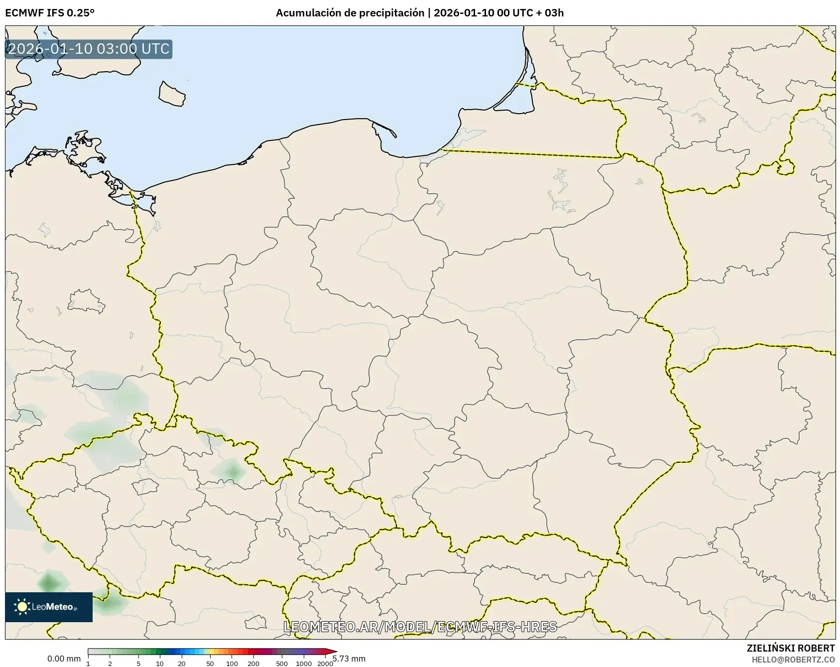 ECMWF IFS 0.25° model - Polonia, Acumulación de precipitación