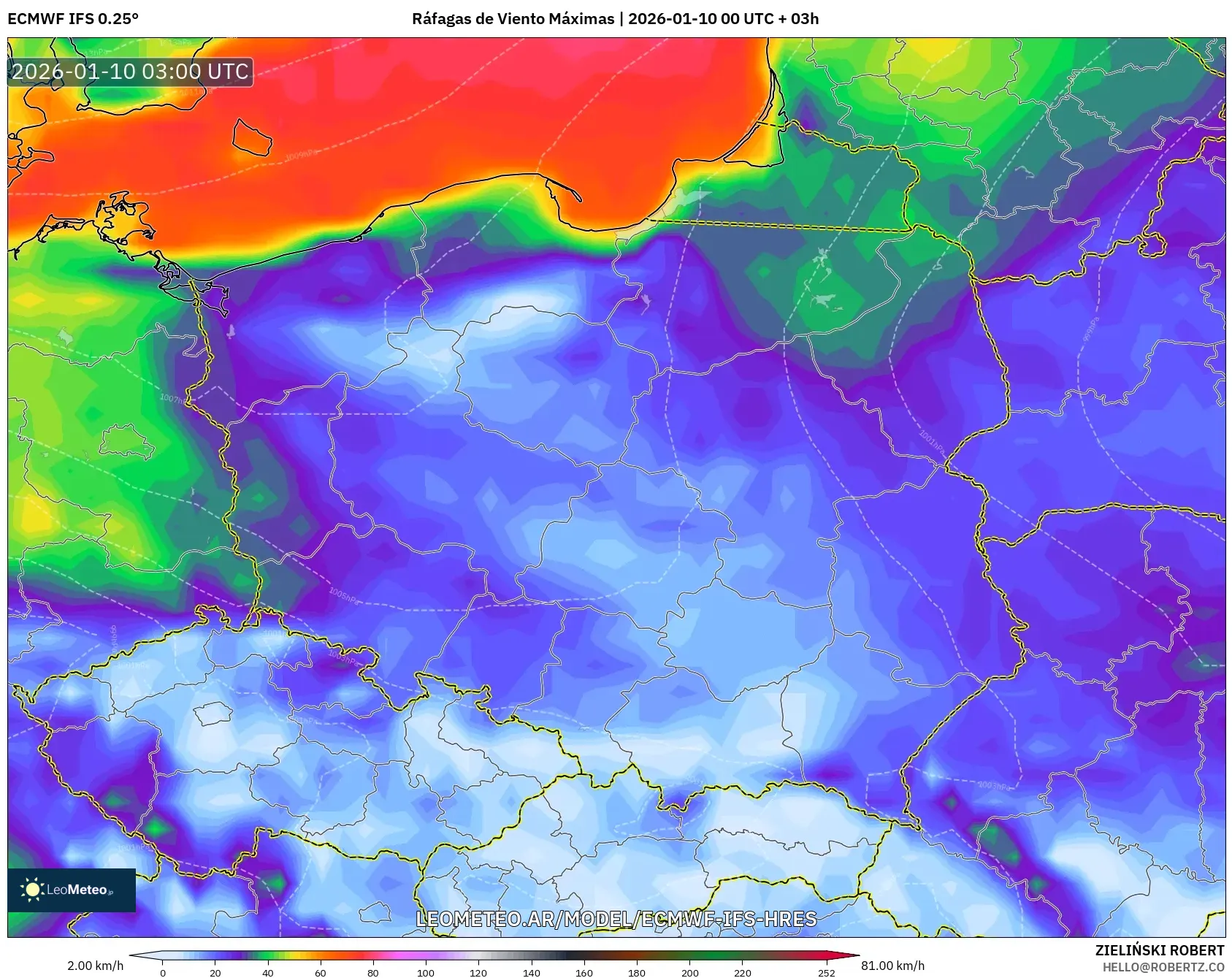 ECMWF IFS 0.25° model - Polonia, Ráfagas de Viento Máximas