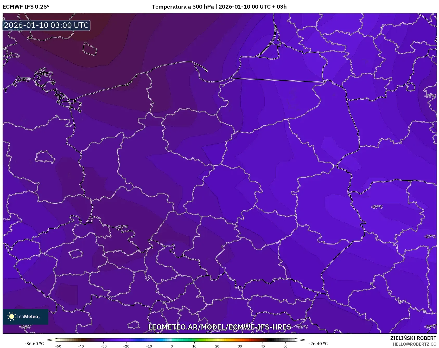 ECMWF IFS 0.25° model - Polonia, Temperatura a 500 hPa