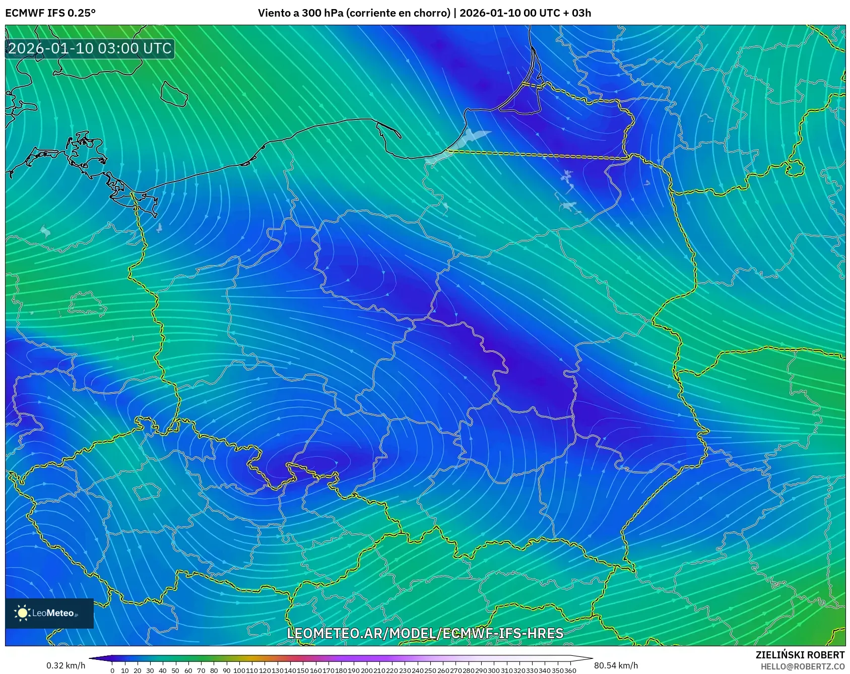 ECMWF IFS 0.25° model - Polonia, Viento a 300 hPa (corriente en chorro)