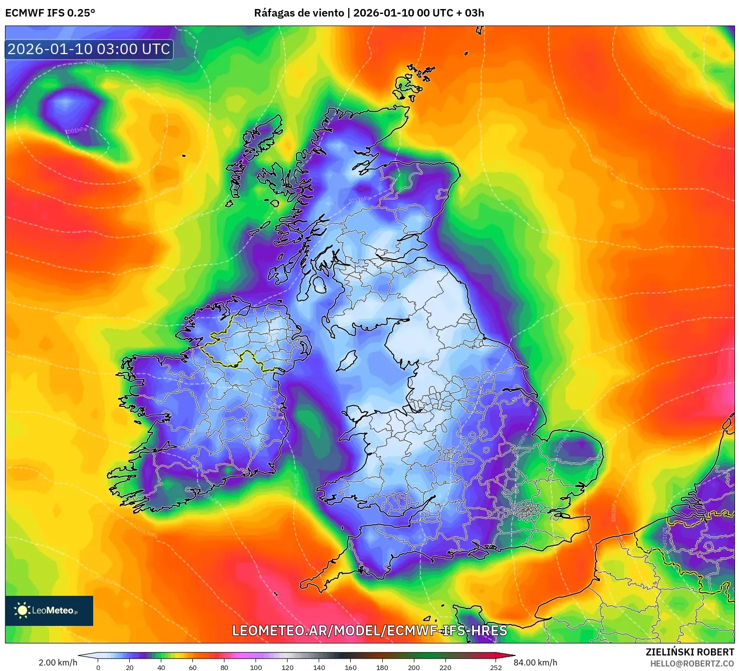 ECMWF IFS 0.25° model - Reino Unido, Ráfagas de viento