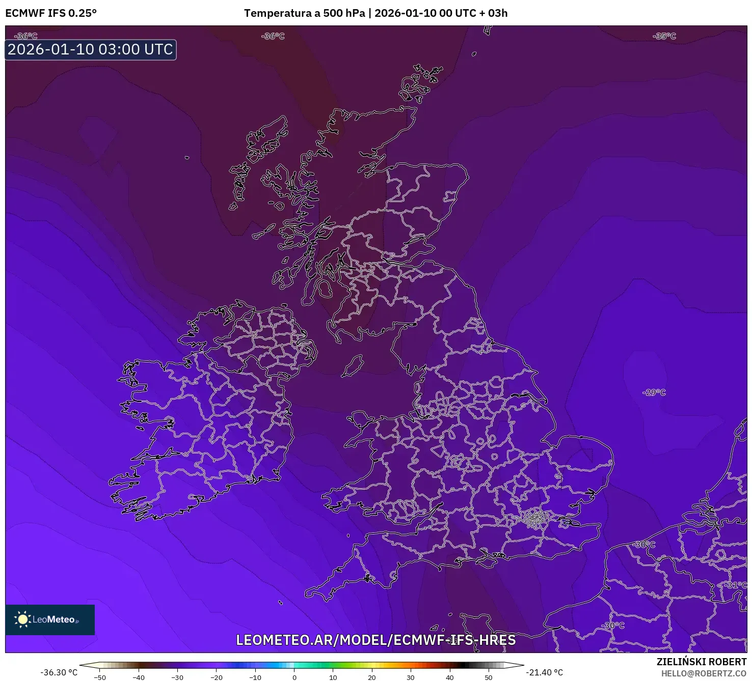 ECMWF IFS 0.25° model - Reino Unido, Temperatura a 500 hPa