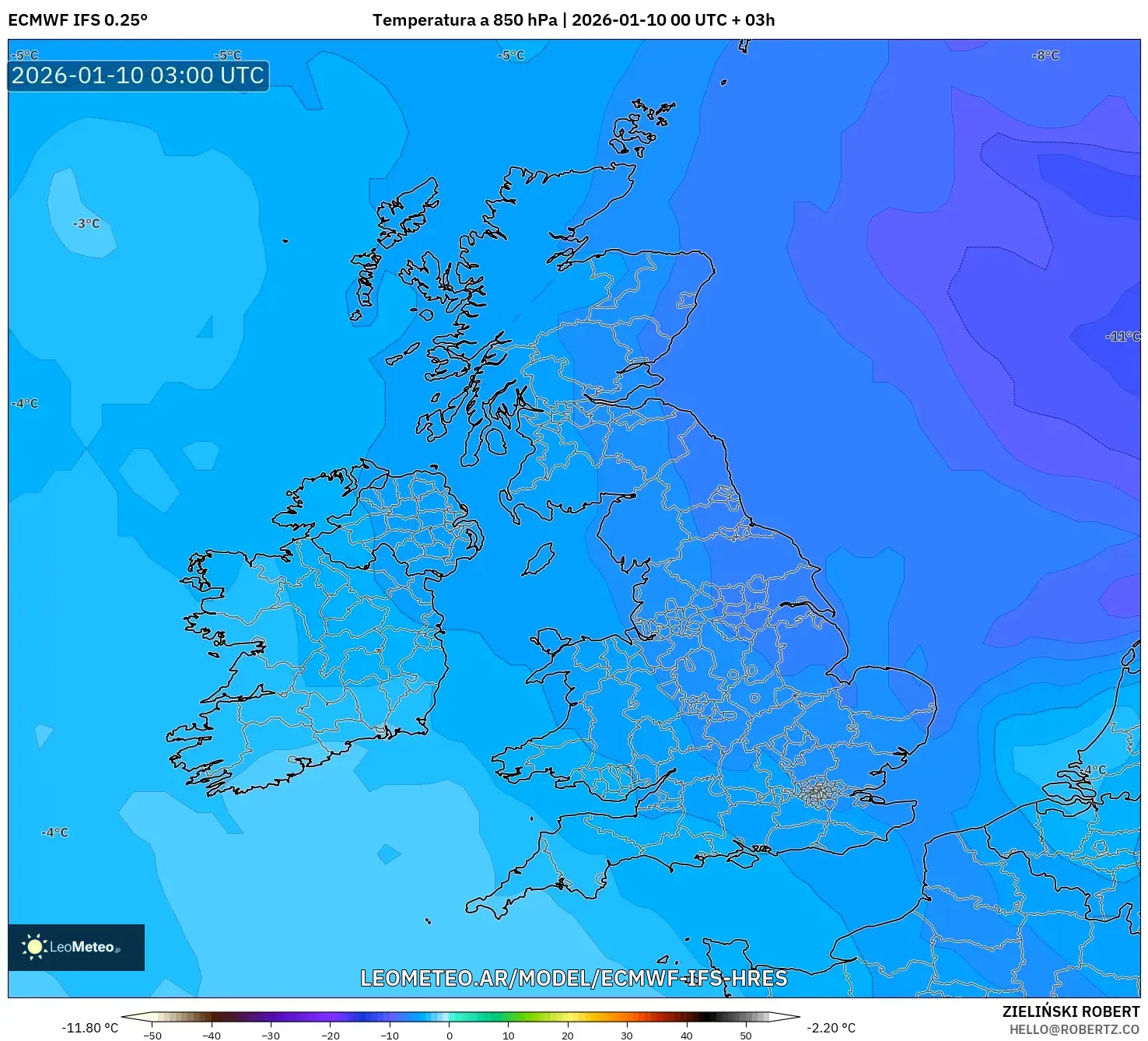 ECMWF IFS 0.25° model - Reino Unido, Temperatura a 850 hPa