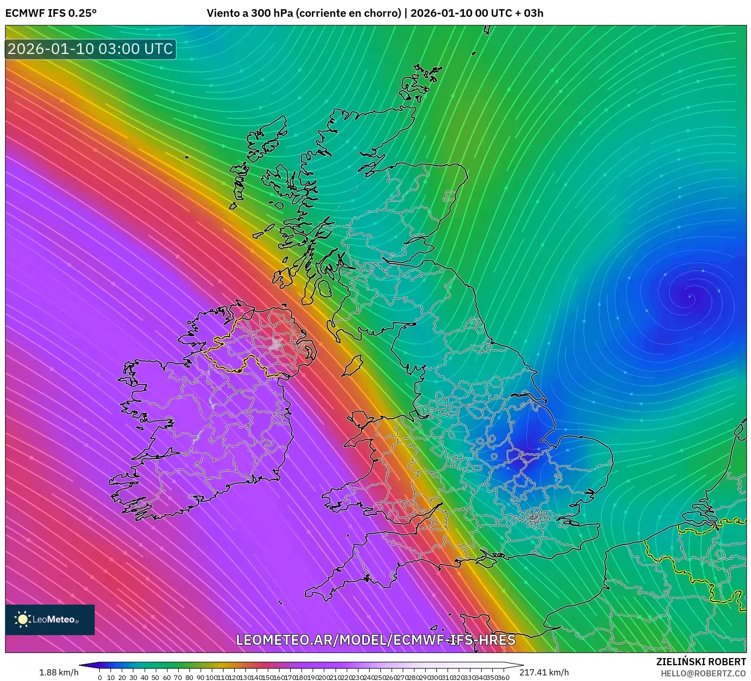 ECMWF IFS 0.25° model - Reino Unido, Viento a 300 hPa (corriente en chorro)