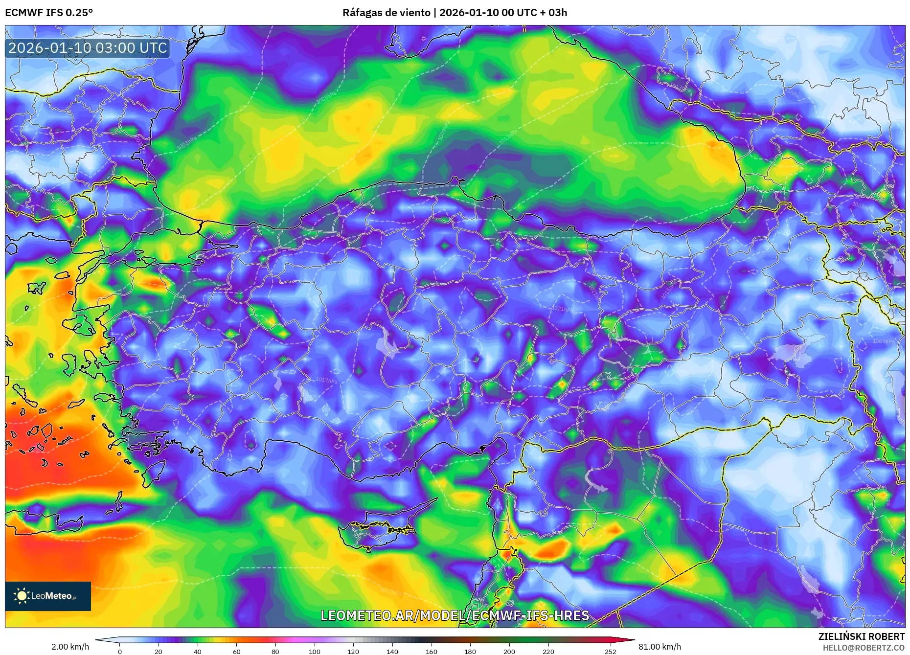 ECMWF IFS 0.25° model - Turquía, Ráfagas de viento