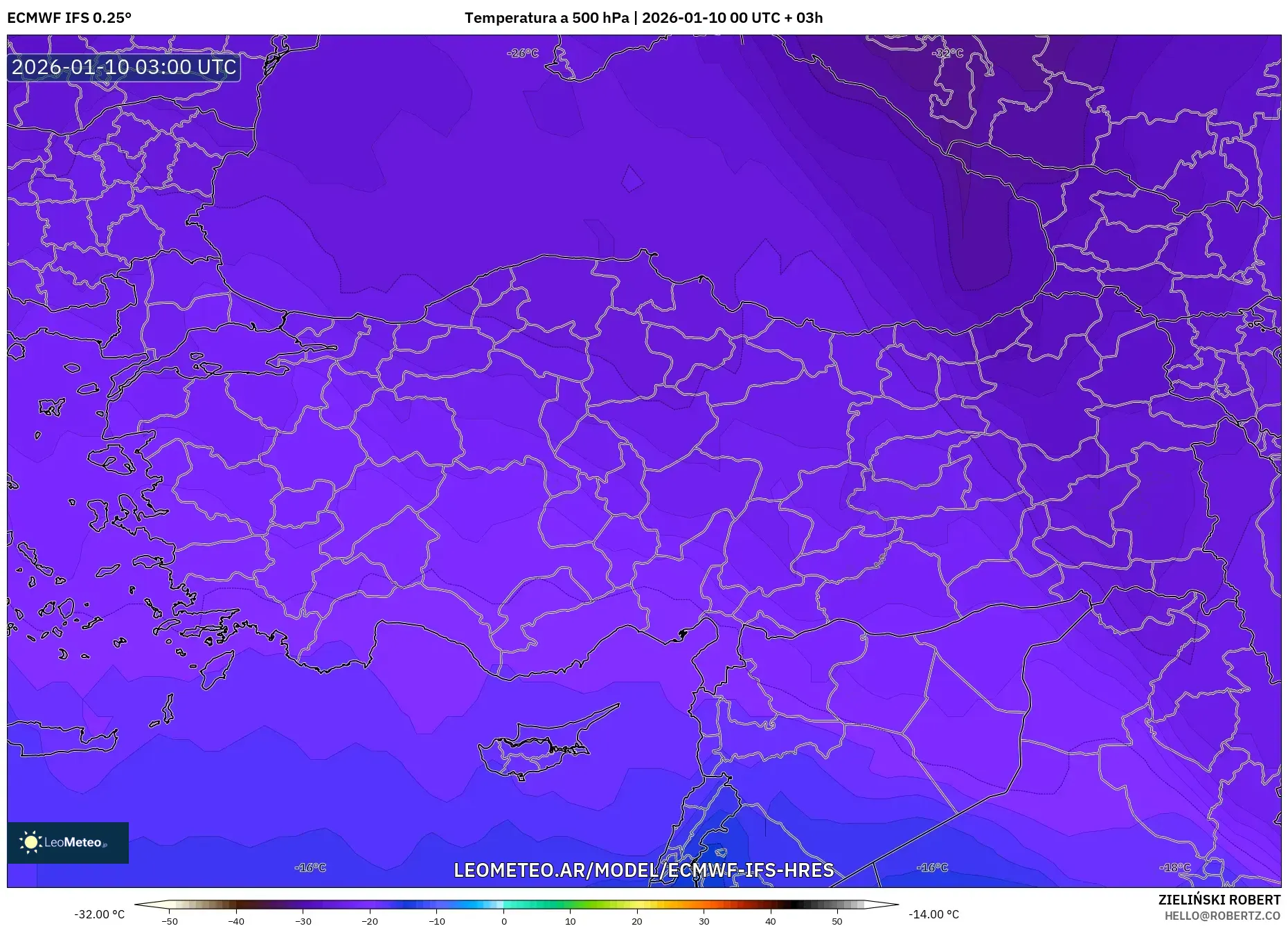 ECMWF IFS 0.25° model - Turquía, Temperatura a 500 hPa