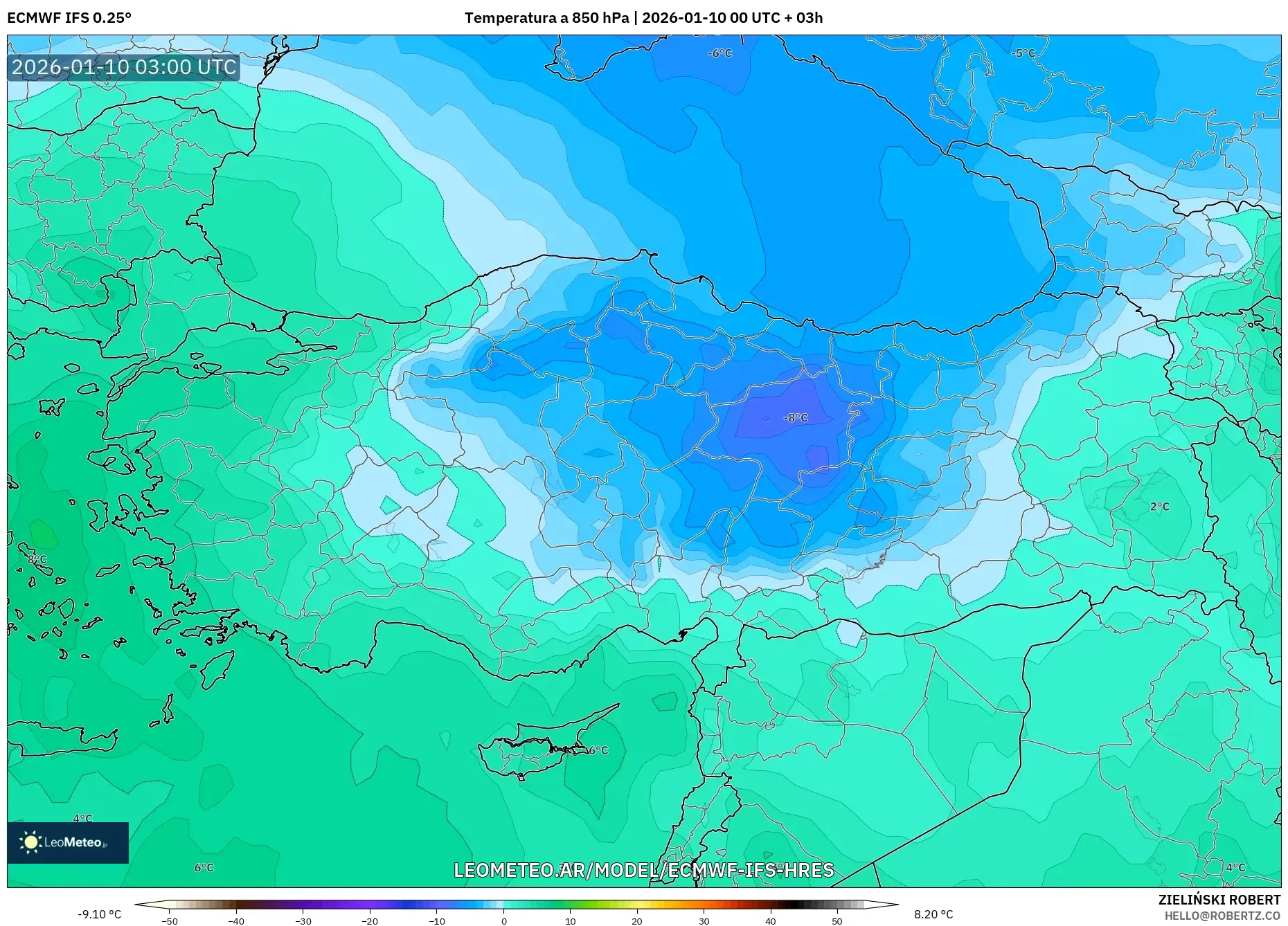 ECMWF IFS 0.25° model - Turquía, Temperatura a 850 hPa